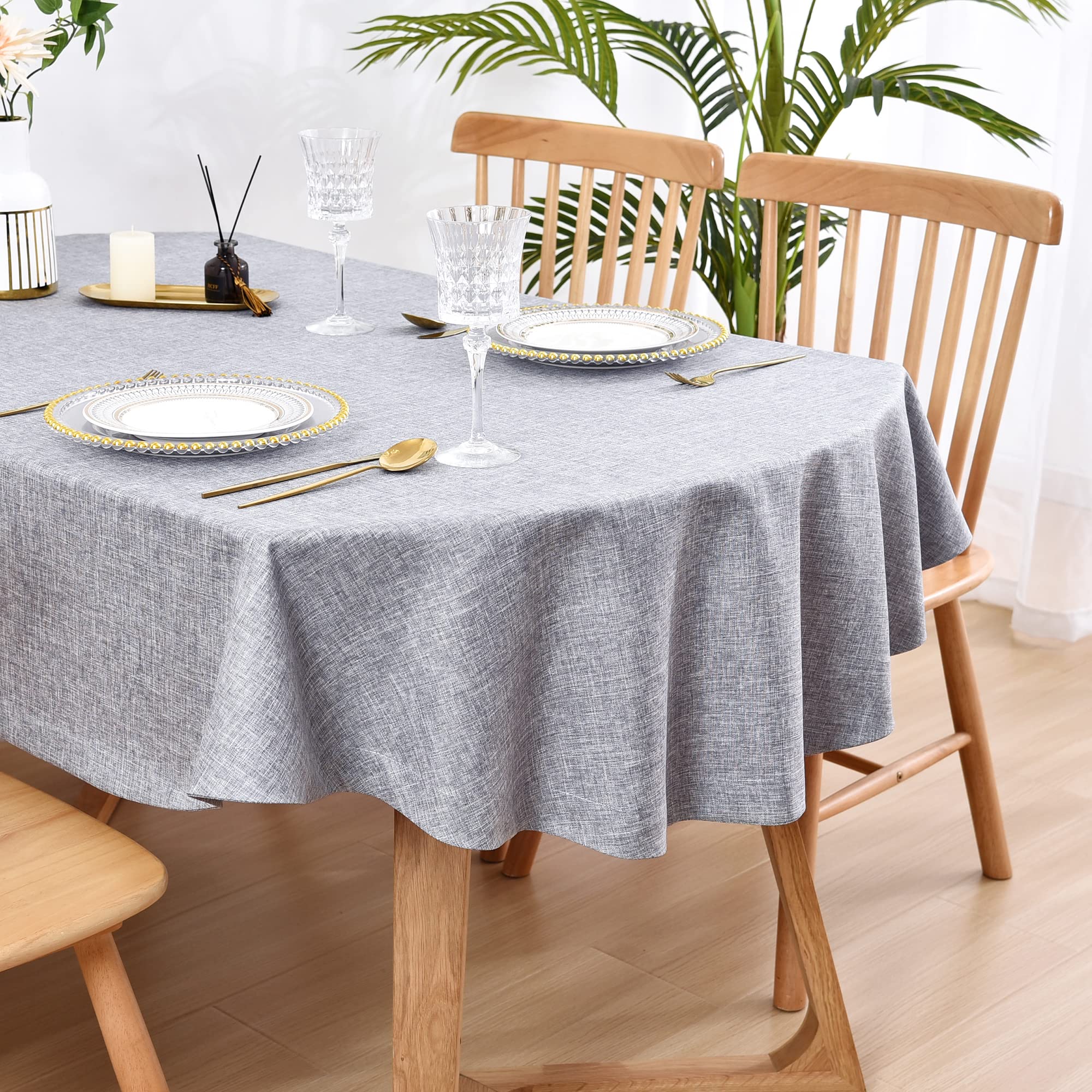 Wolkemer Faux Linen Oval Tablecloth Heavy Duty Wrinkle Resistant Fabric Table Cloths 60 x 102 Inch Grey Farmhouse Rustic Table C