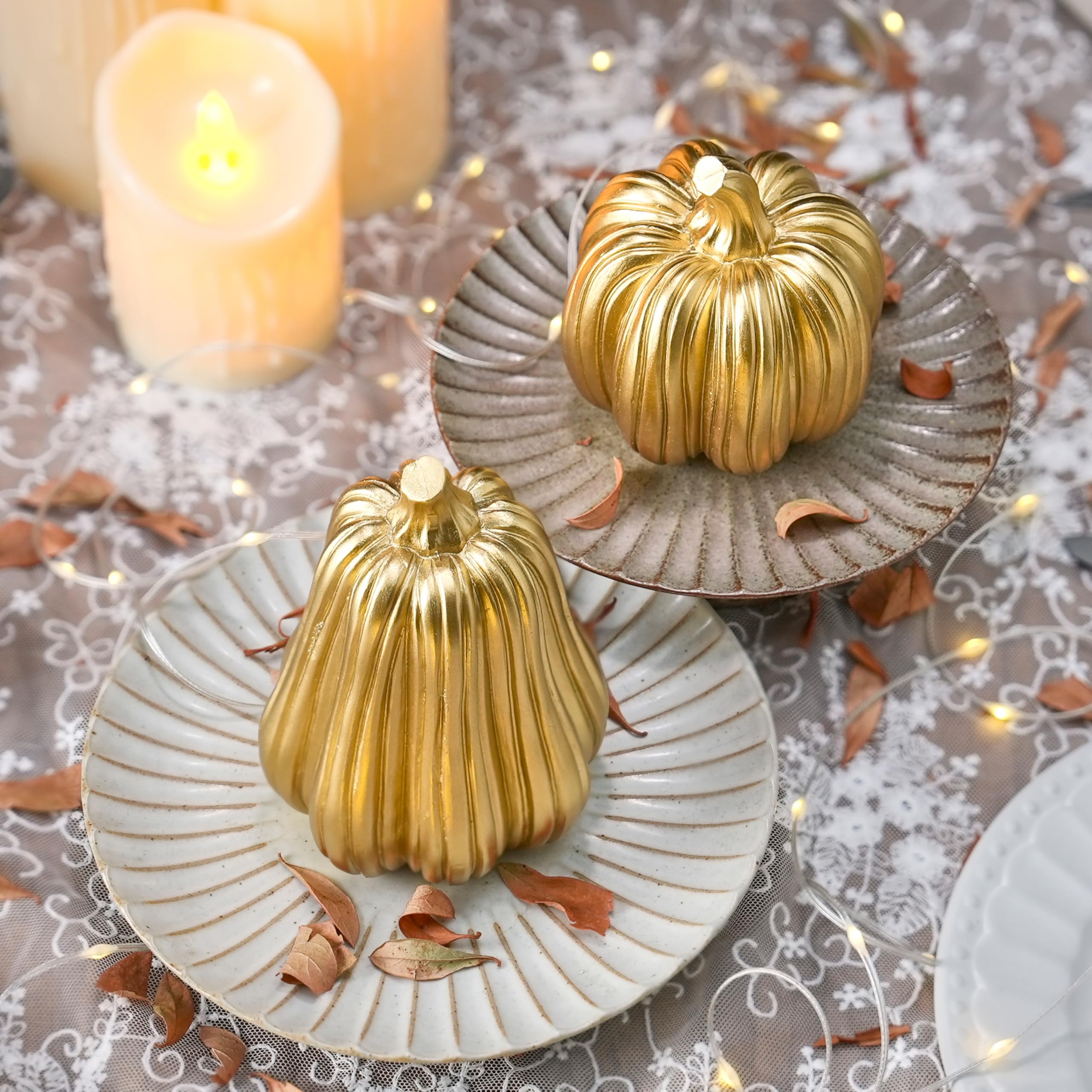 FESTGLOX Gold Pumpkin Decor with Stripes, 2Pcs Resin Pumpkins for Decorating, Decorative Pumpkins for Fall Tabletop Decoration,