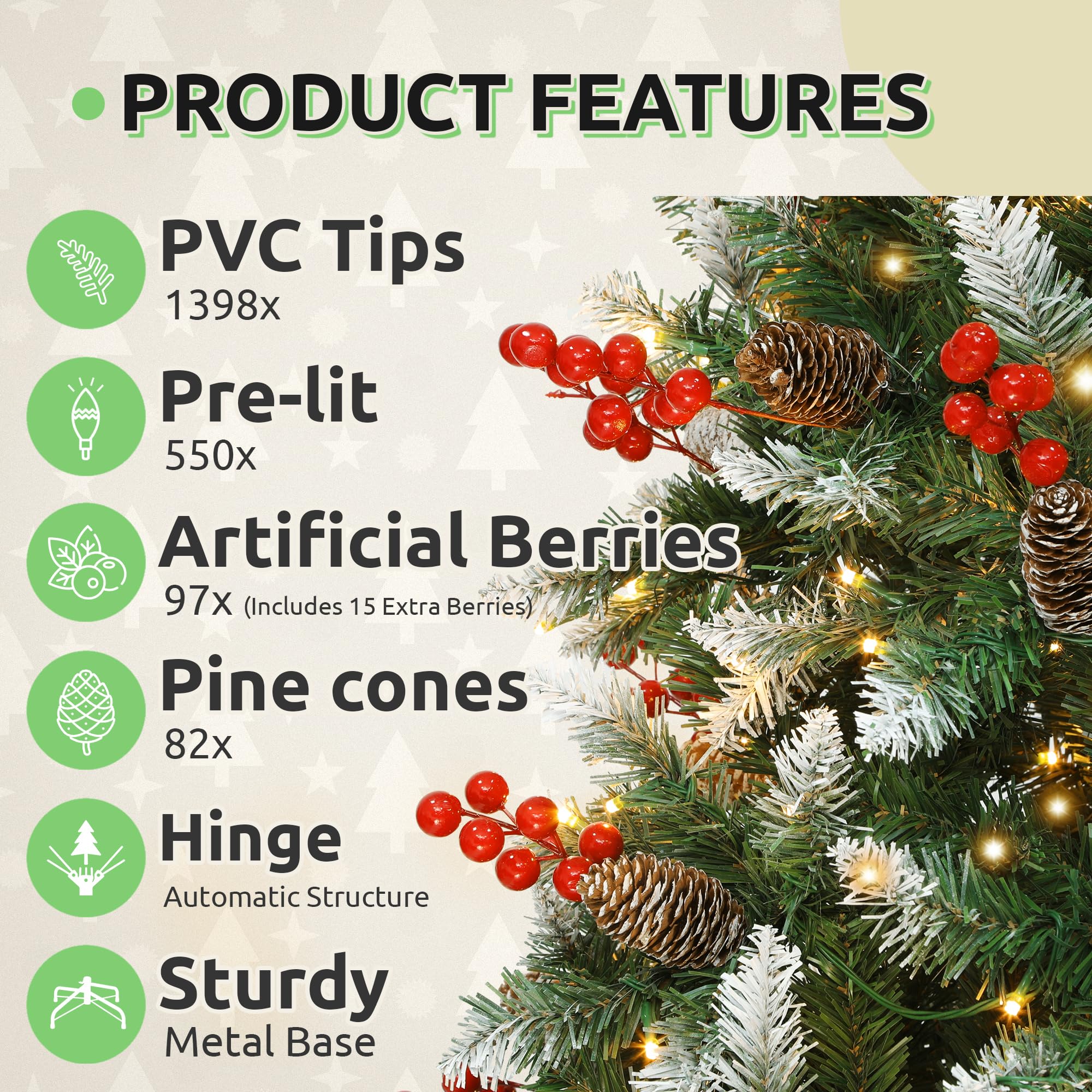 GOOBED Prelit Pre-Decorated Green Christmas Tree 7.5ft w/Remote, Pre-Lit Hinged Artificial Xmas Tree w/ 1398 Partially Frosted T