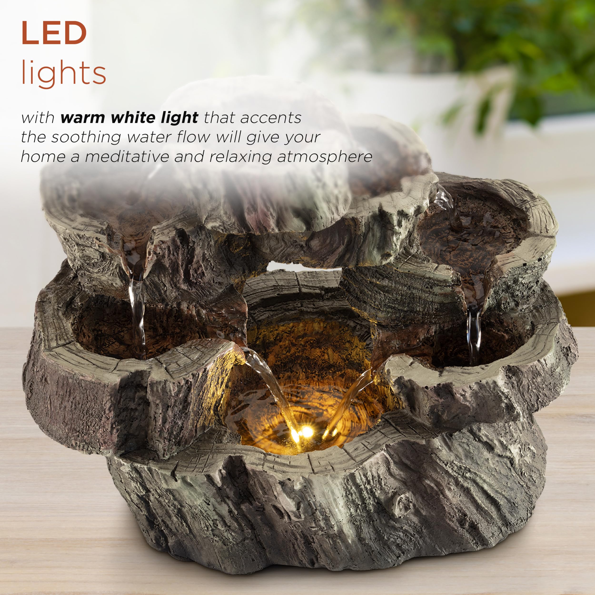 Alpine Corporation WIN1134 10 Indoor Tabletop Tiered Tree Trunk Waterfall Fountain with LED Lights - Rustic Cascading Water Feat