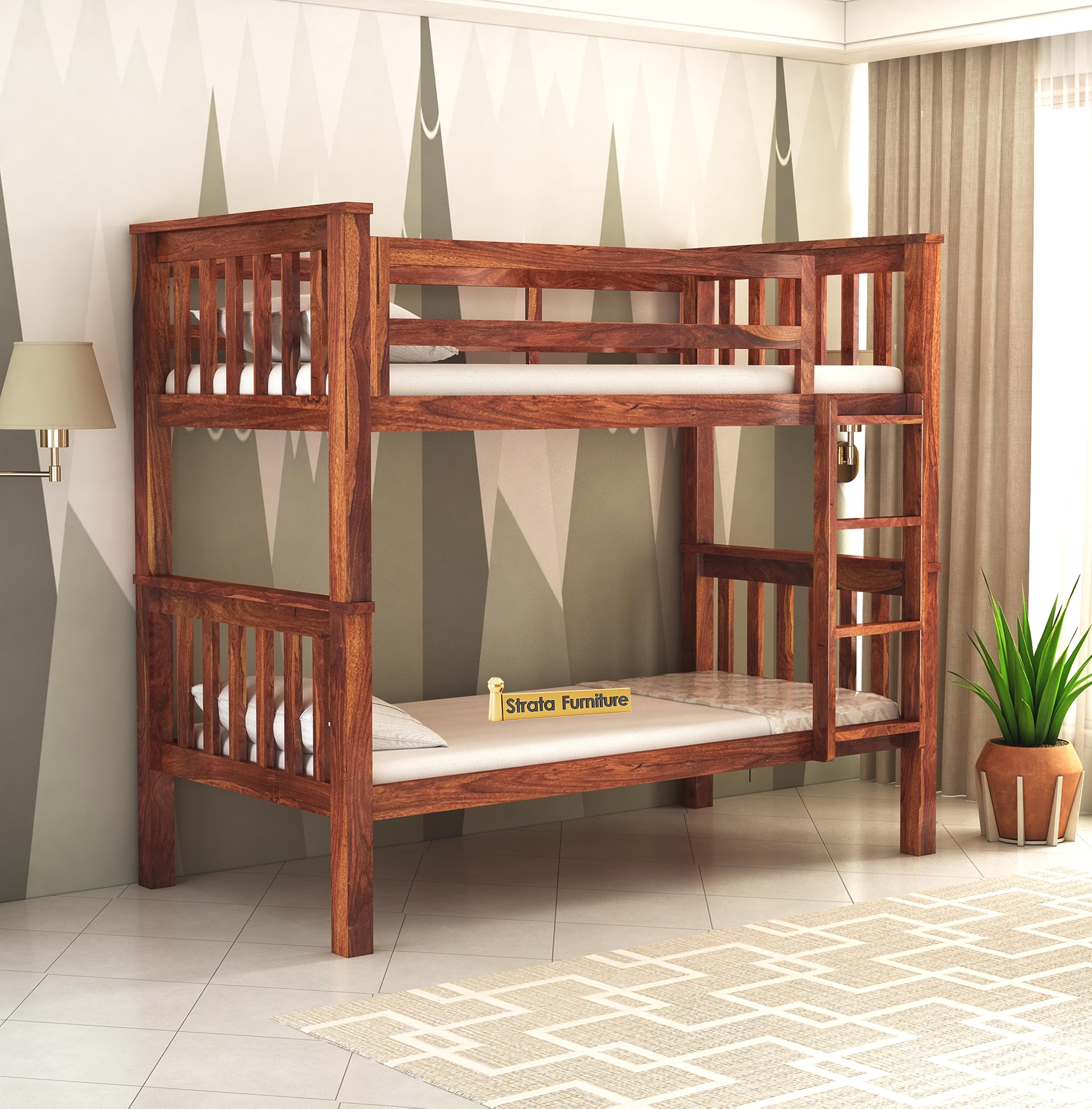 Strata Furniture Sheesham Wood Bunk Bed Without Storage Wooden Double Bed Bed Furniture For Bedroom Living Room Home (Honey Fini