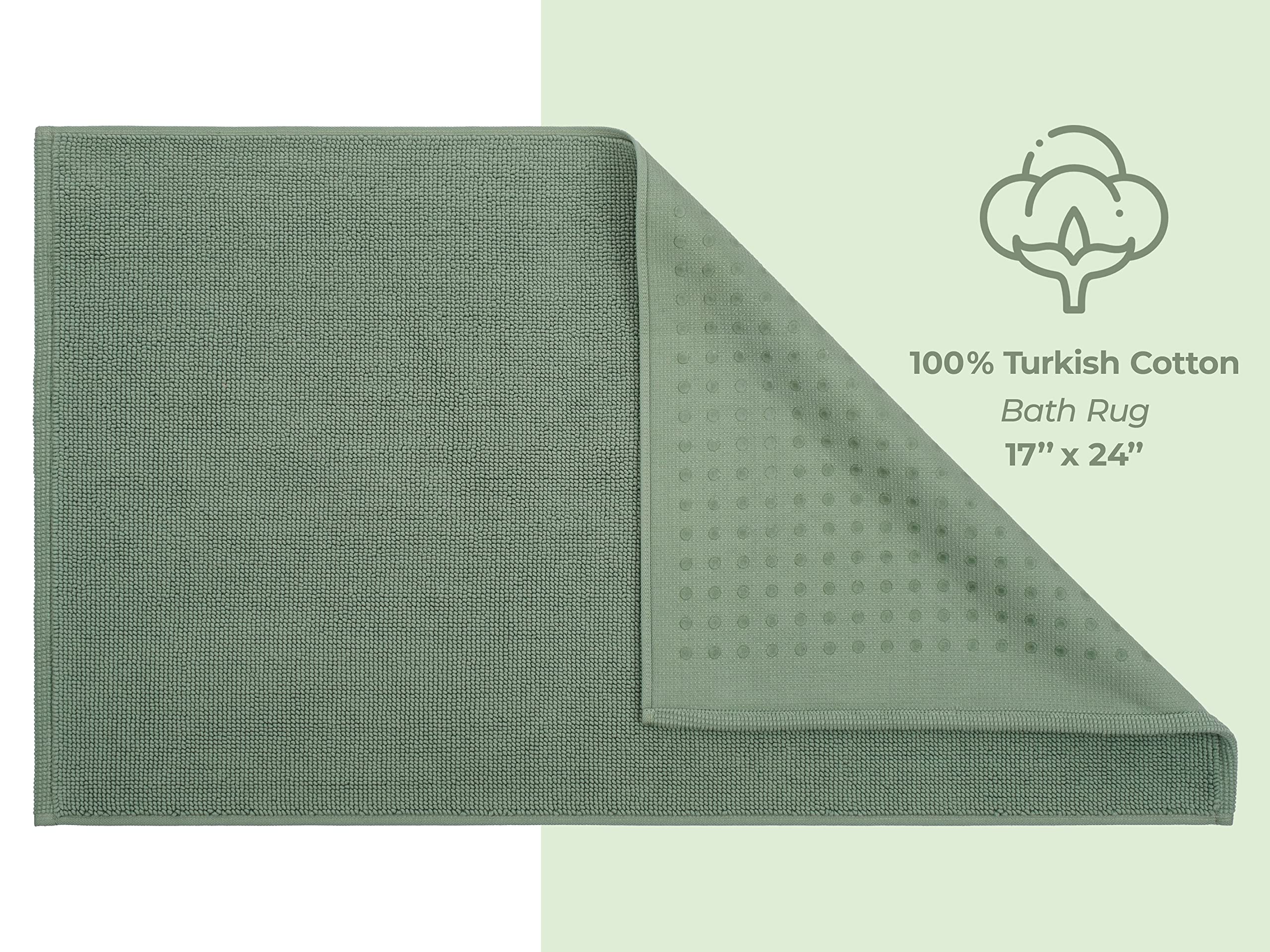 American Soft Linen Bath Rug, 17 In 24 In 100% Cotton Bath Mats Rugs For Bathroom, Non Slip Washable Shaggy Form Area Rugs, Sage