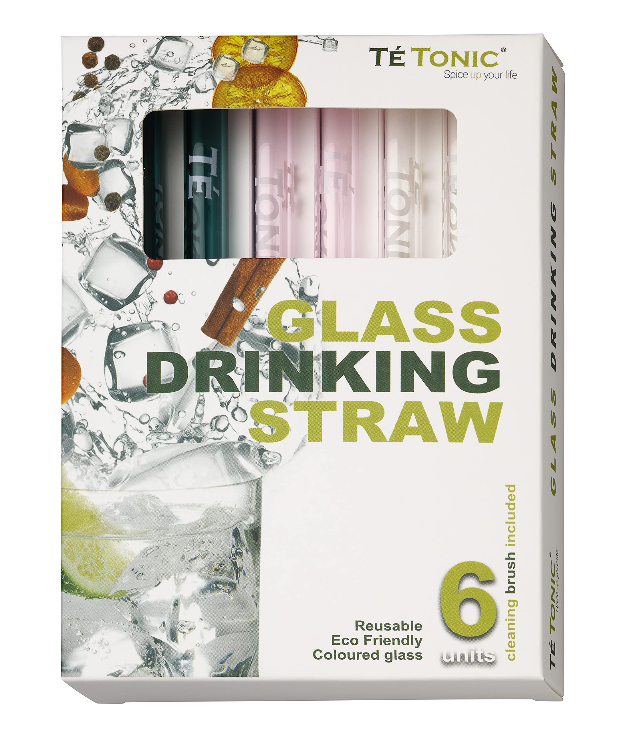 Te Tonic 6 Colored Reusable Glass Drinking Straws - Environmentally Friendly Straws - Cleaning Brush Included