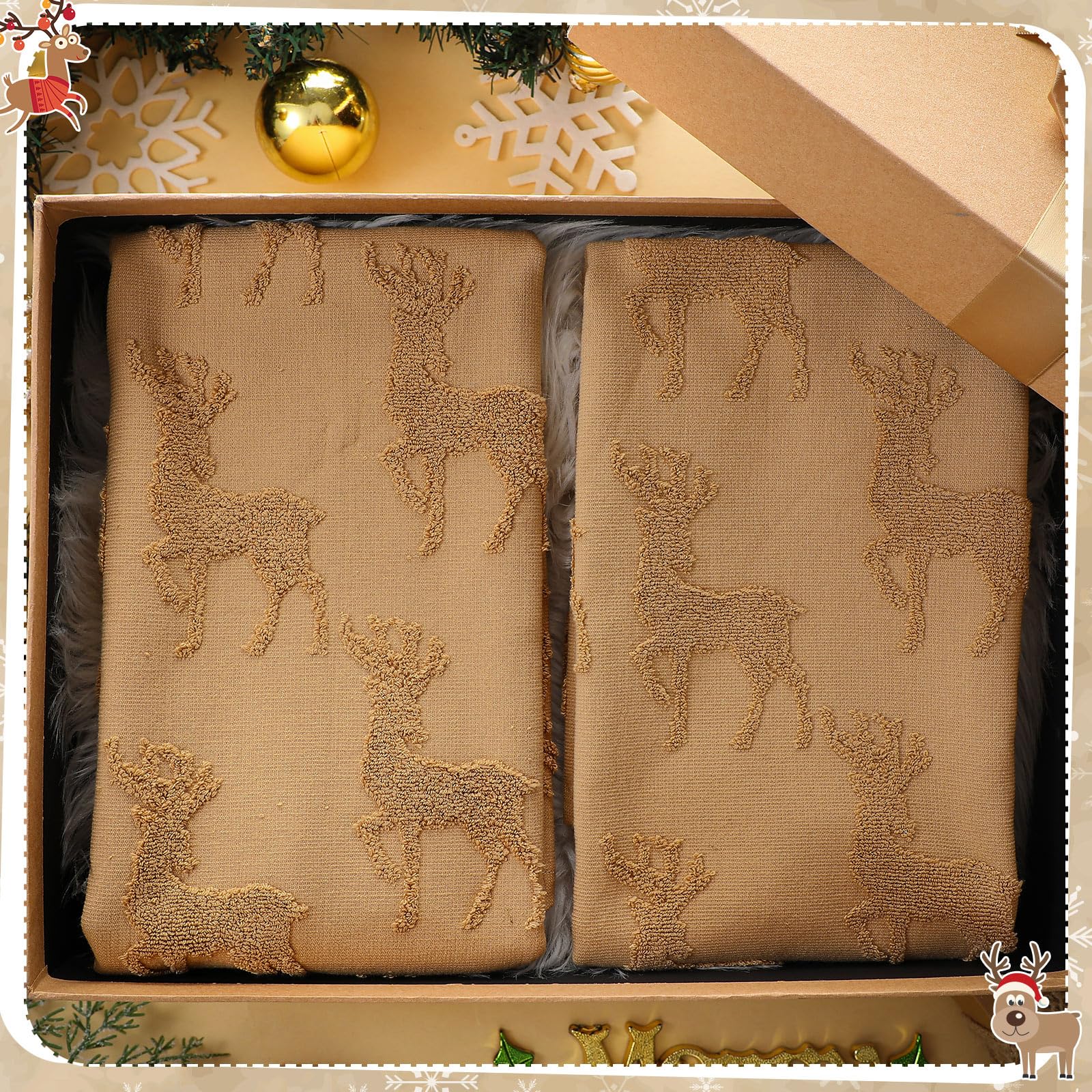 Breling 2 Pcs Christmas Hand Towels Brown Reindeer Bathroom Decorative Towels 100% Cotton Absorbent Jacquard Weave Bath Decor Wi