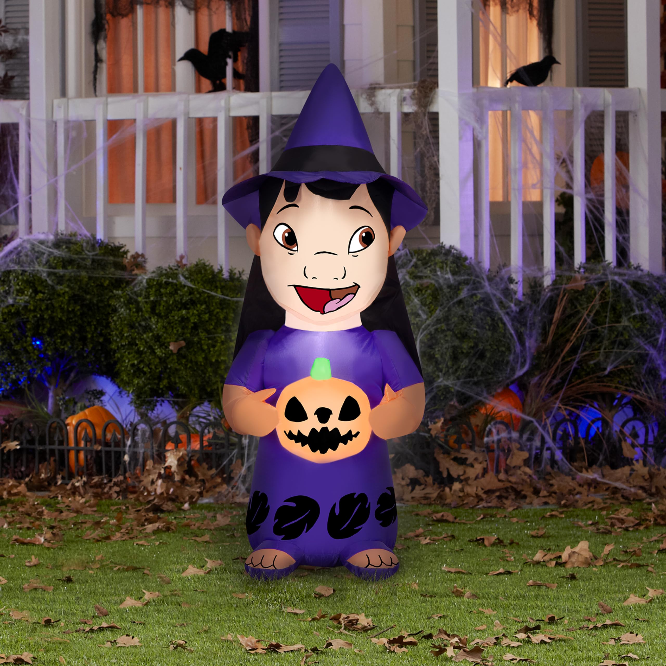 Gemmy Airblown Inflatable Lilo w/Witch Hat and Pumpkin Disney, 4 ft Tall, Multicolored