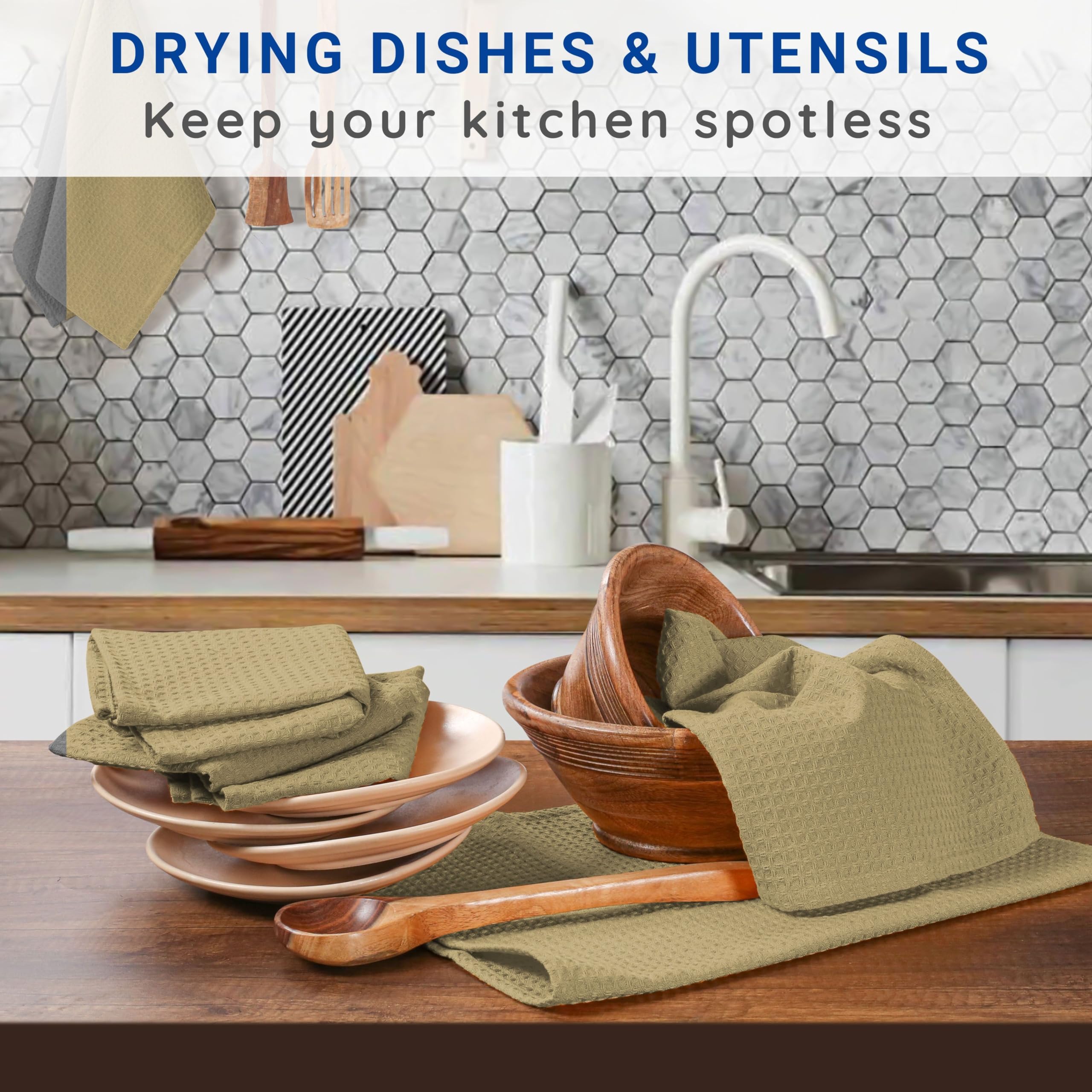 Twiny Threads Kitchen Towels Set Of 4, 100% Soft Cotton Waffle Weave Dish Towels, Tea Towels With Hanging Loop, Resuable Bar Tow