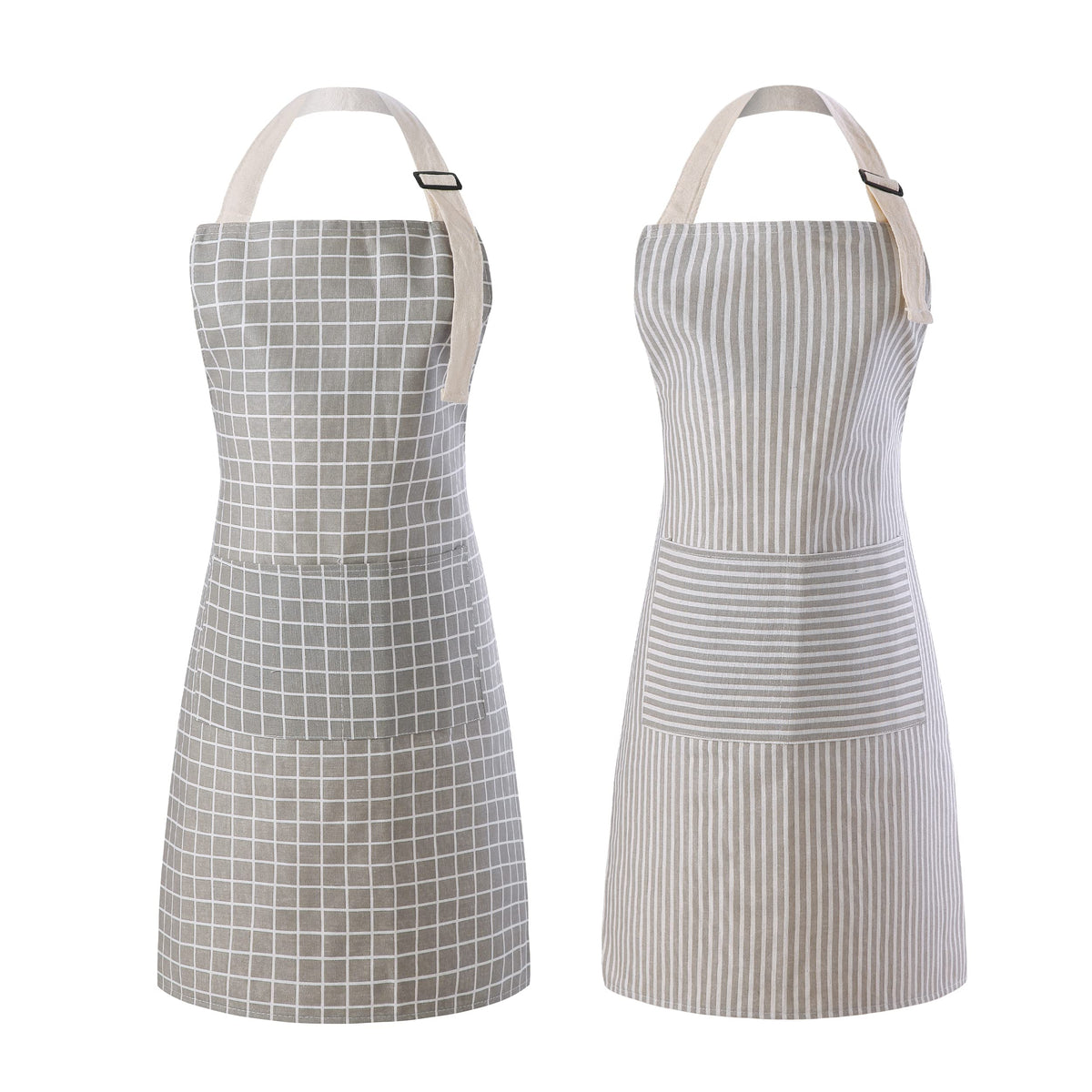 Tosewever 2 Pieces Kitchen Cooking Aprons, Waterproof Linen Adjustable Bib Aprons With 2 Pockets For Women Men Chef (Grey Stripe