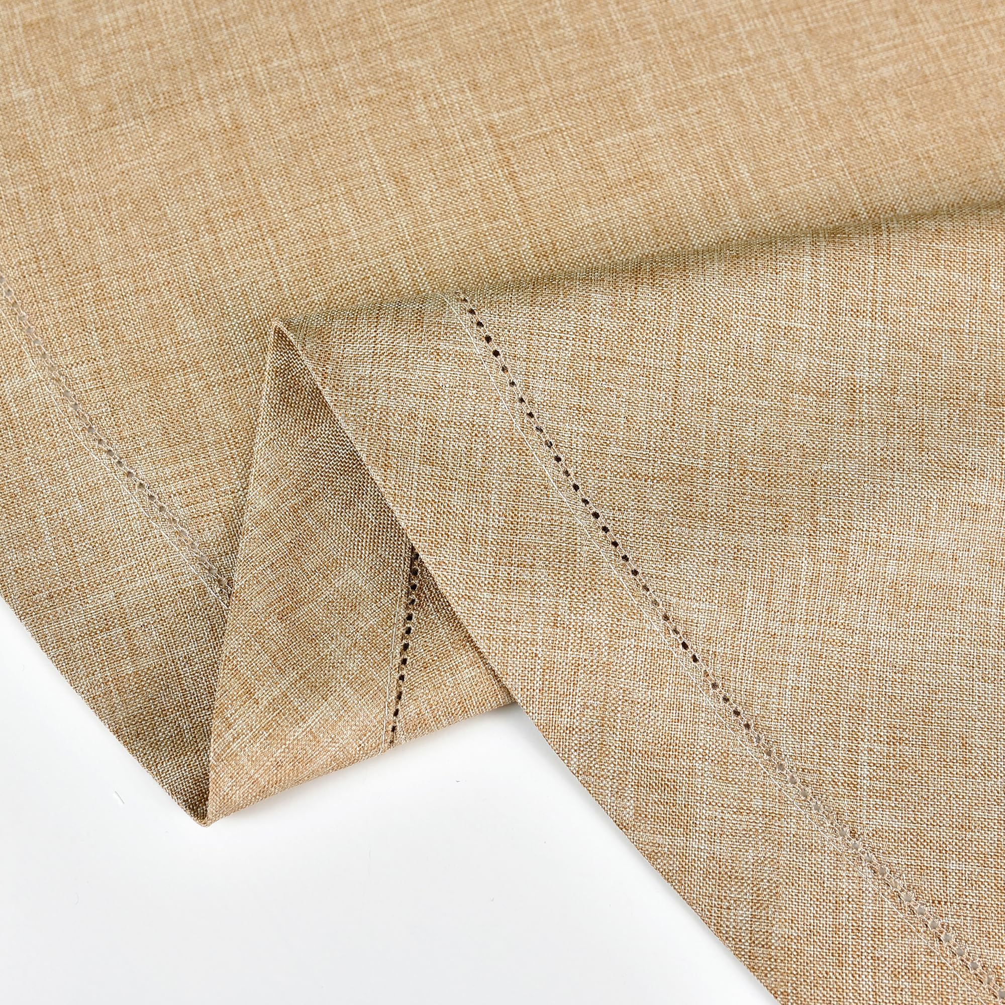 Newisher Farmhouse Oval Hemstitch Border Tablecloth Neutral Faux Linen Table Cloth Rustic Solid Flaxen Table Cover For Dining Ki