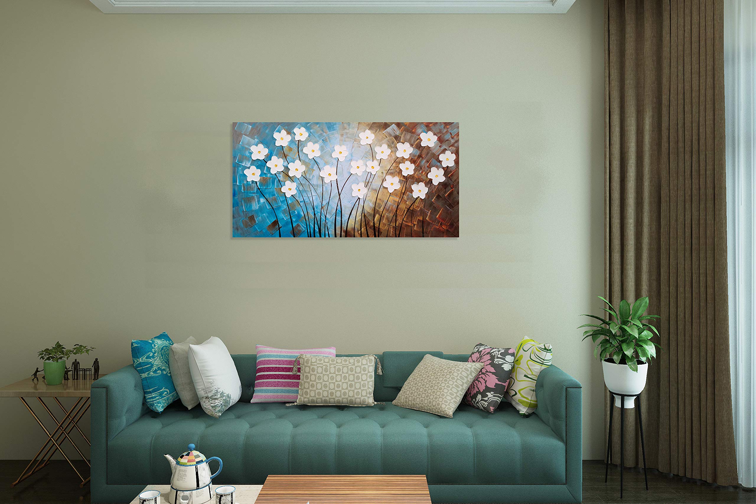 Yihui Arts Flower Painting Hand Painted 3D Brown Light Blue White Canvas Wall Art Giant Contemporary Plant Pictures For Bedroom