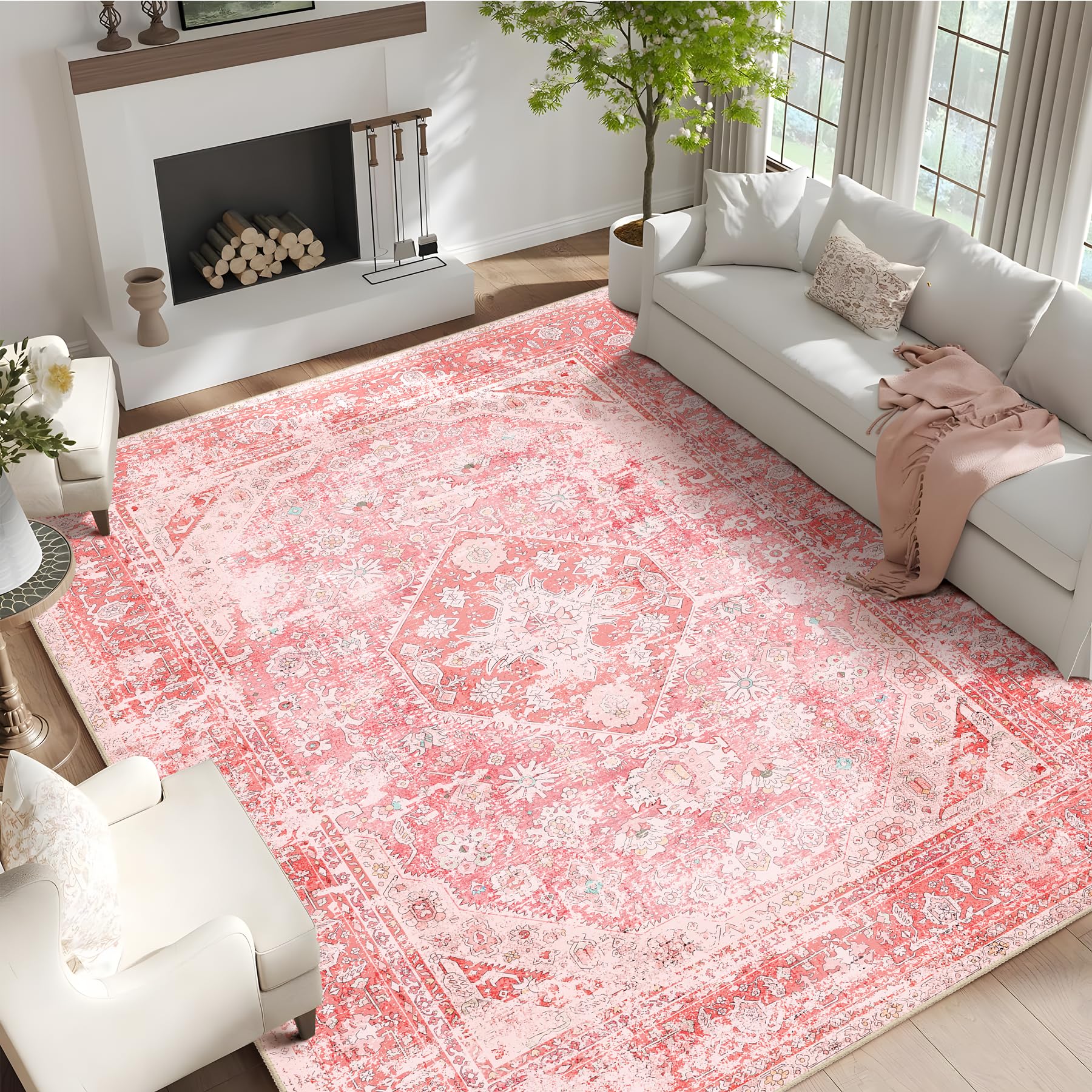 MUJOO 9x12 Area Rug Washable,Pink Rugs for Living Room Bedroom,Large Boho Rug Non Slip,Throw Carpet for Dining Room Floor Girls 