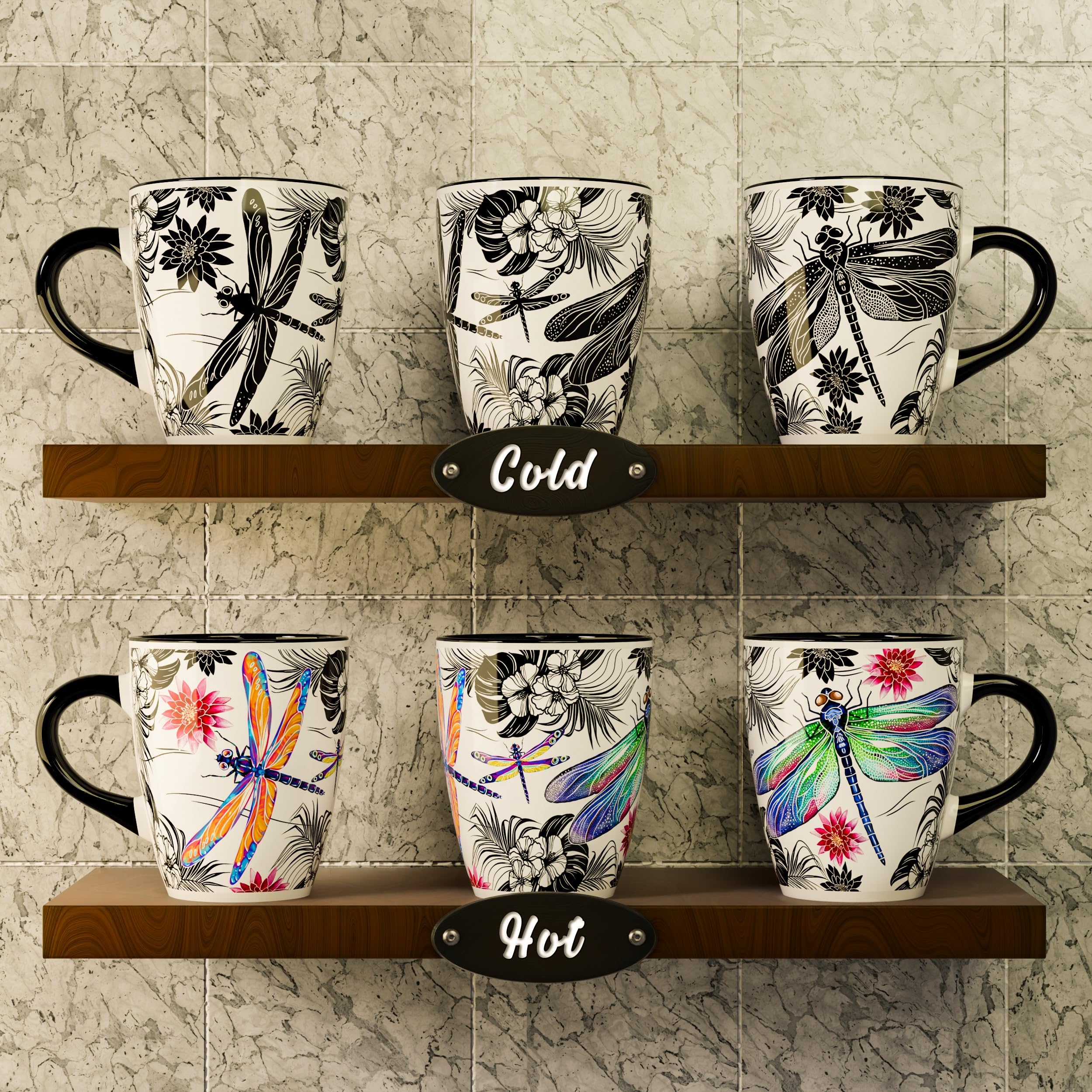 Color Changing Dragonfly Coffee Mug 12oz - Heat Sensitive Ceramic Cup with Floral Reveal - Dragonfly Gifts for Women, Unique Cof