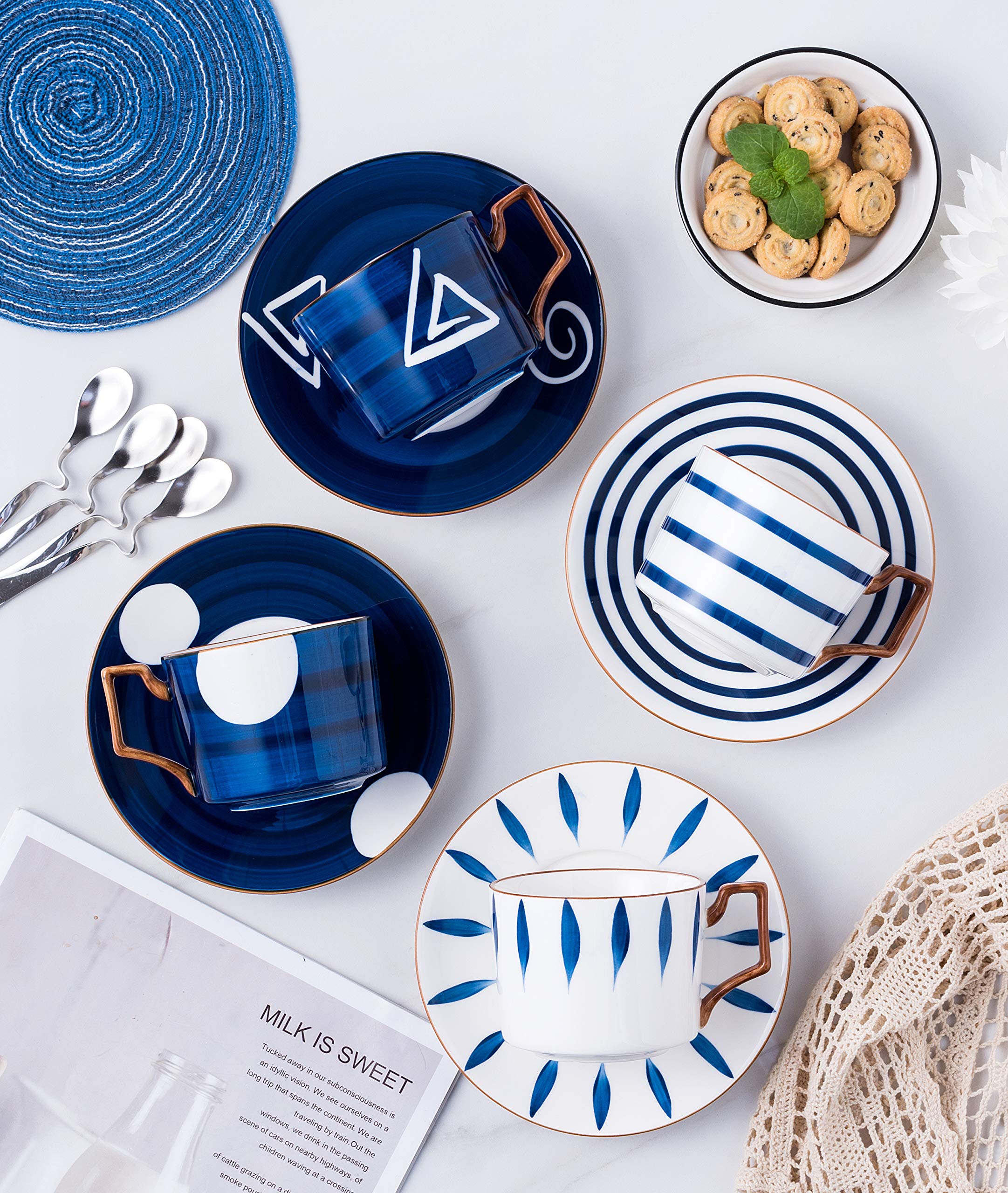 Jusalpha Japanese Style Hand Printed- 7Oz Fine China Tea Cup/Coffee Cup With Spoon And Tray/Saucer Set, Tableware, Serve Of 4, T