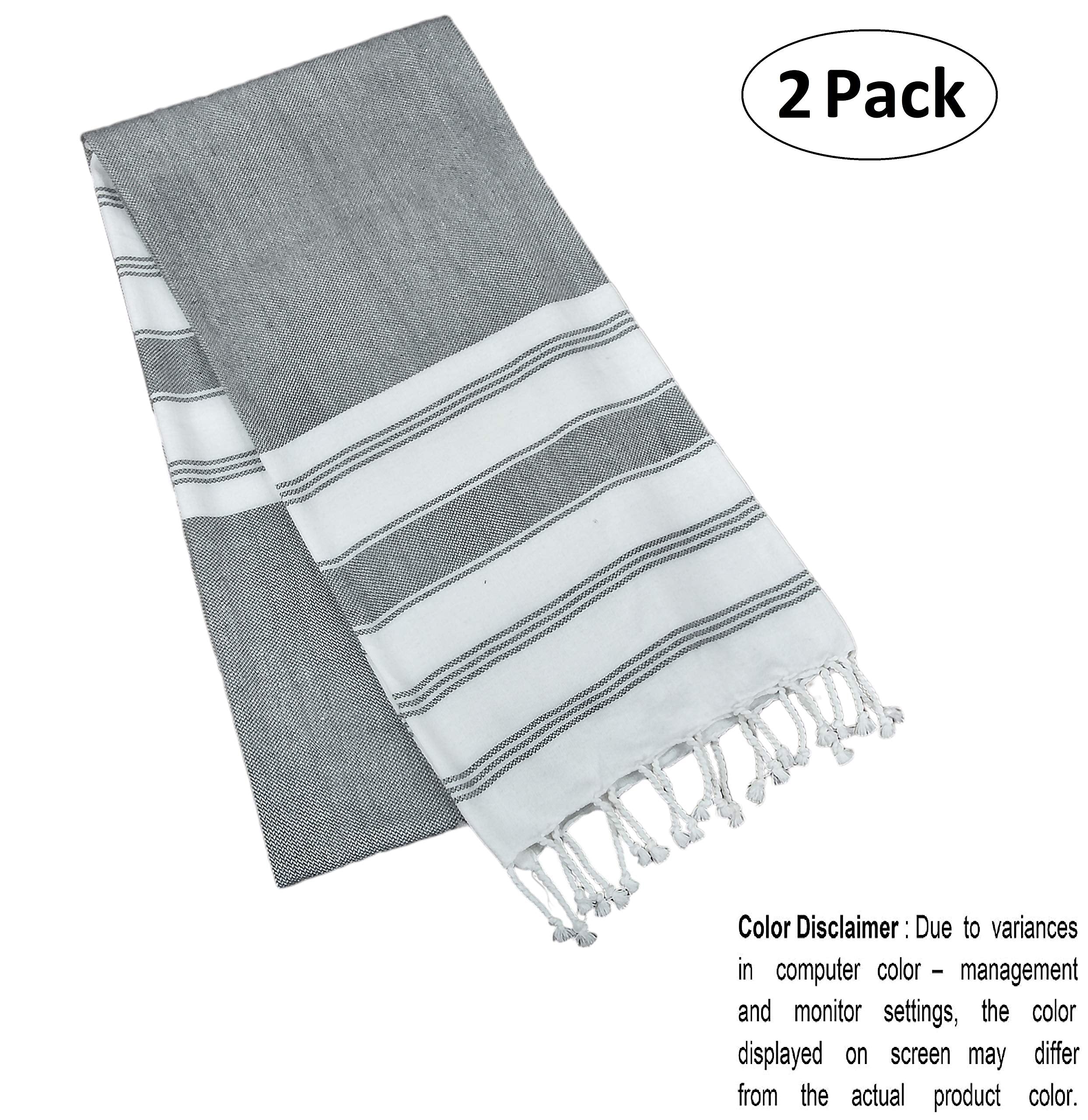 GLAMBURG Peshtemal Turkish Towel 100% Cotton Beach Towels Oversized 36x71 Set of 2  Cotton Beach Towels for Adults  Soft Durable Absorbent Extra Large Bath Sheet Hammam Towel - Charcoal Grey