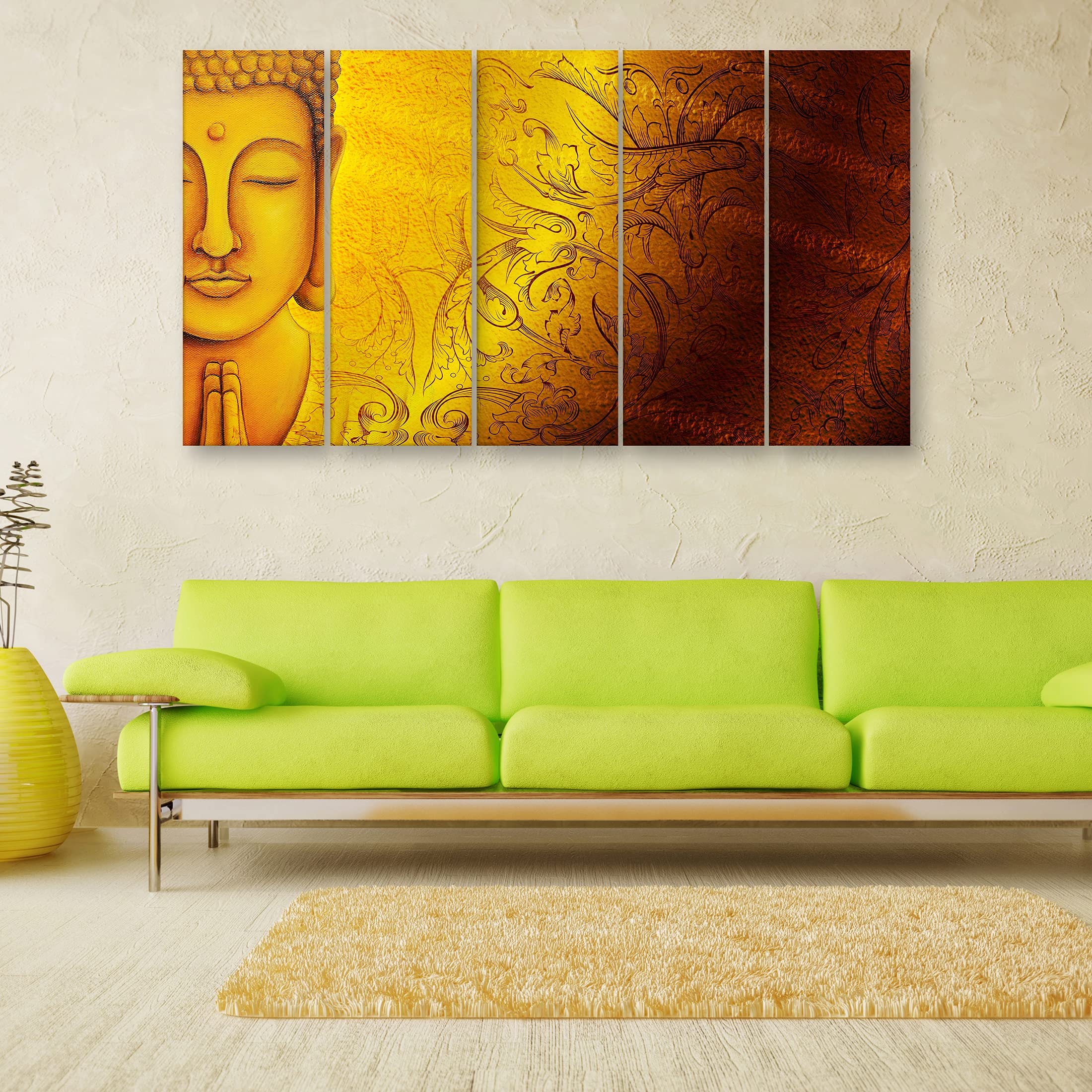 Inephos Multiple Frames Beautiful Religious Buddha Wall Painting (50 Inches X 30 Inches - Wooden Brown And Yellow)