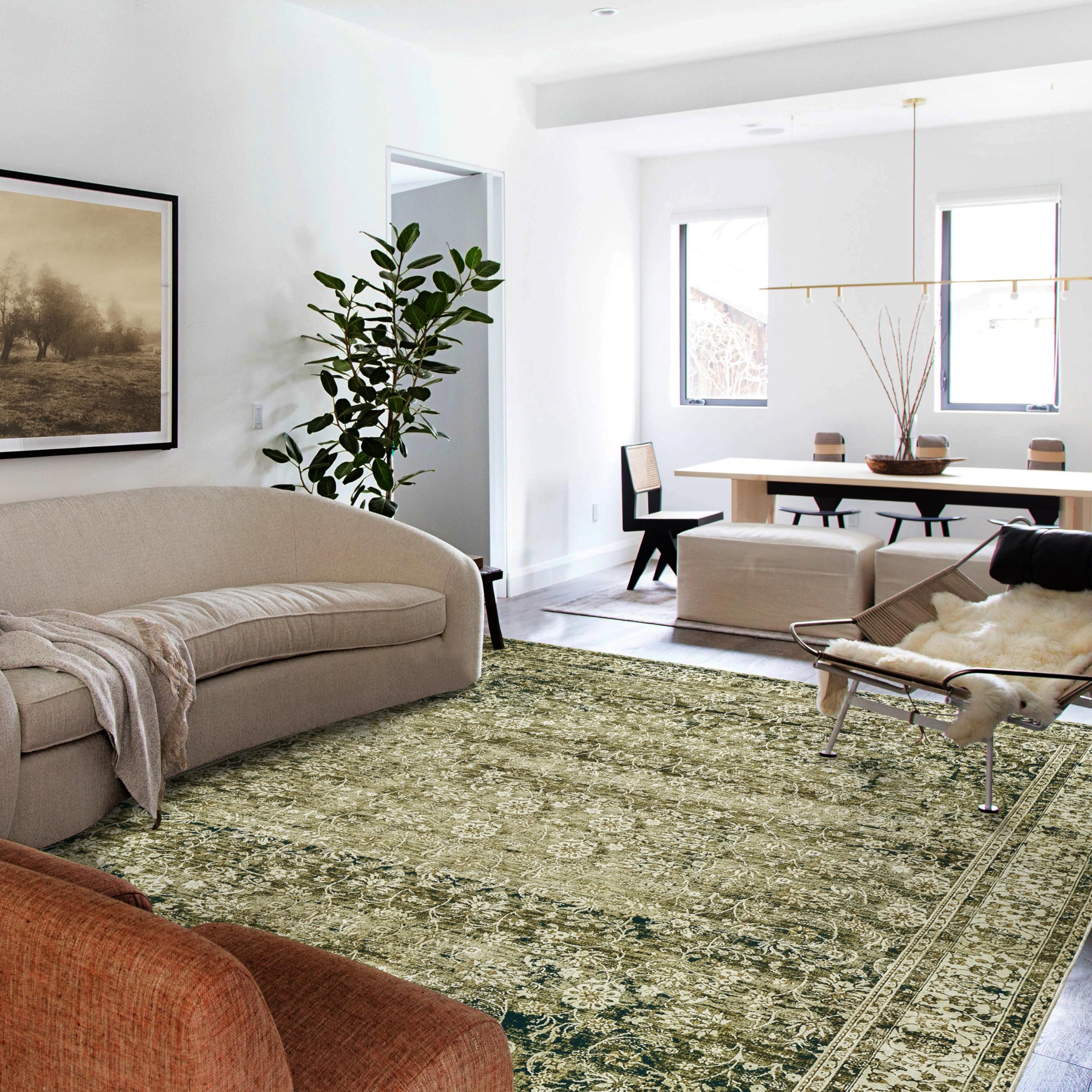 Large Boho Area Rugs 8x10 for Living Room,Low Pile Stain Resistant Neutral Vintage Faux Wool Machine Washable Rugs Carpet for Be