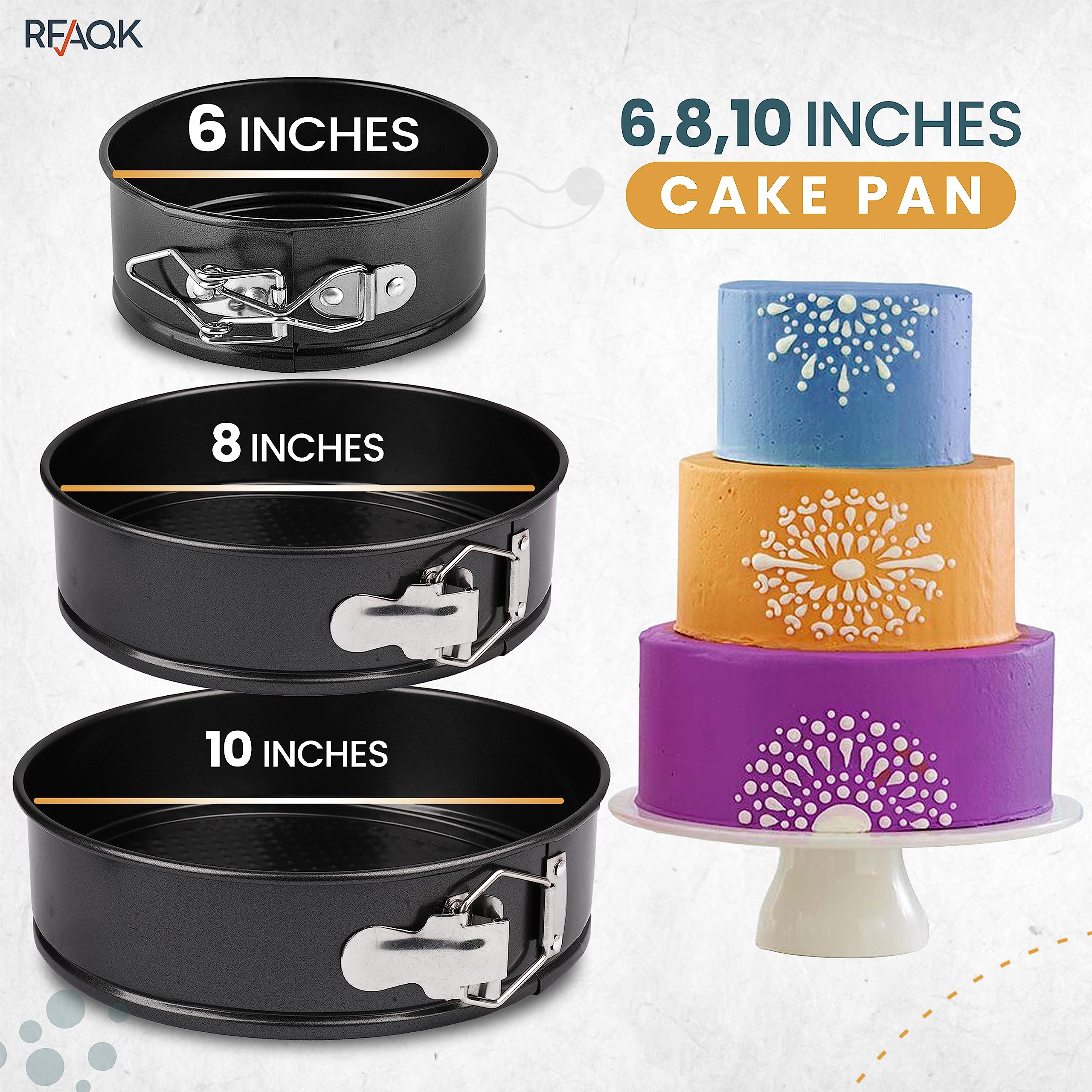 Rfaqk Springform Pan Set Of 3 - Non-Stick Leakproof Round Cake Pans (6'', 8'', 10'') With 90 Pcs Parchment Paper Liners And Bonu