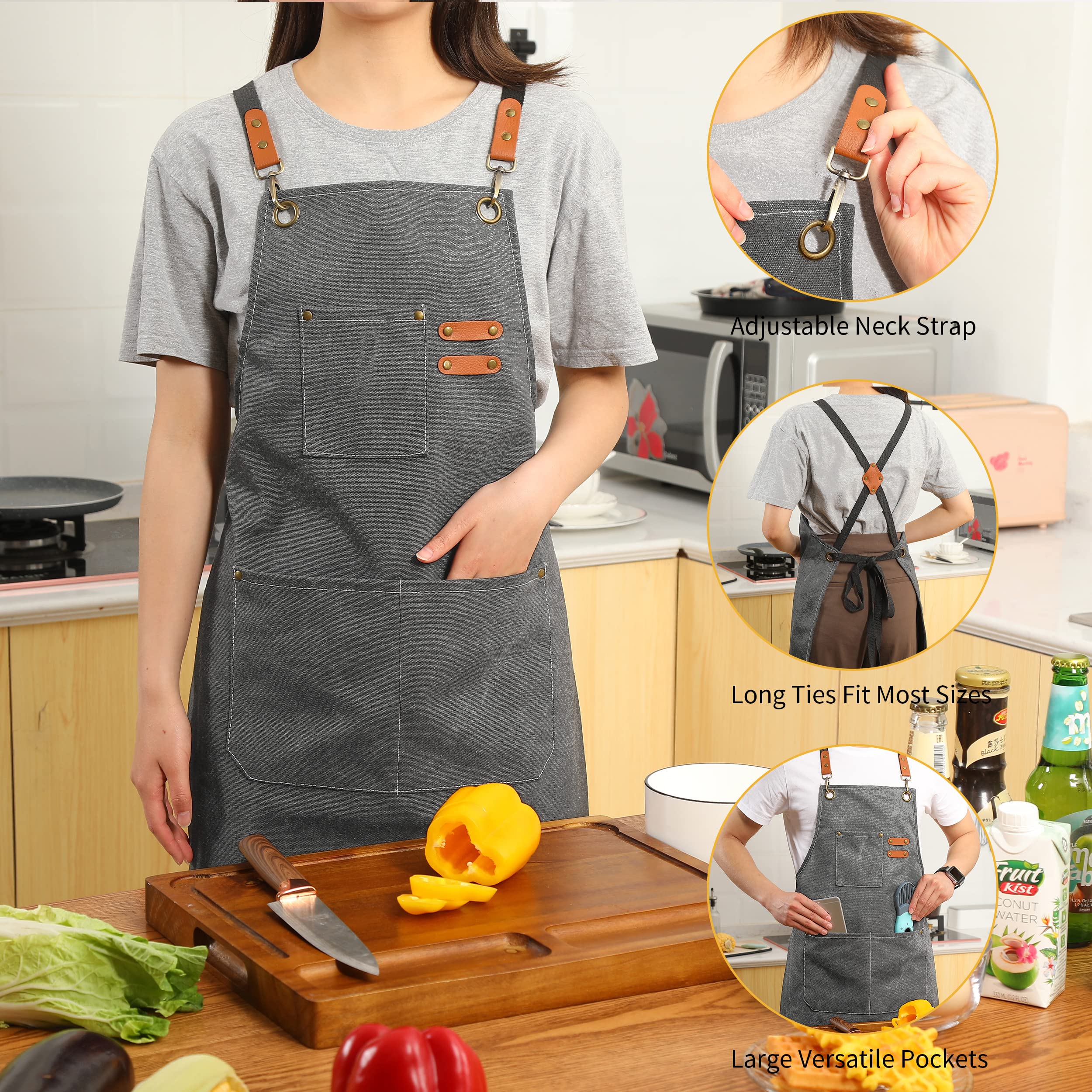 Tosewever Canvas Cross Back Chef Cotton Aprons For Men Women With Large Pockets (Grey)