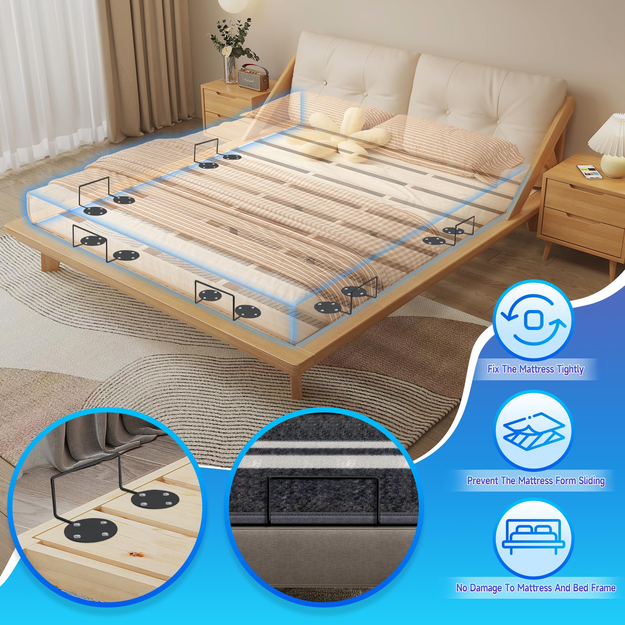 Laowu Mattress Retainer Bar, Non-Slip Metal Gaskets, 4 Pcs, Black, Prevents Sliding for Adjustable Bed Frame