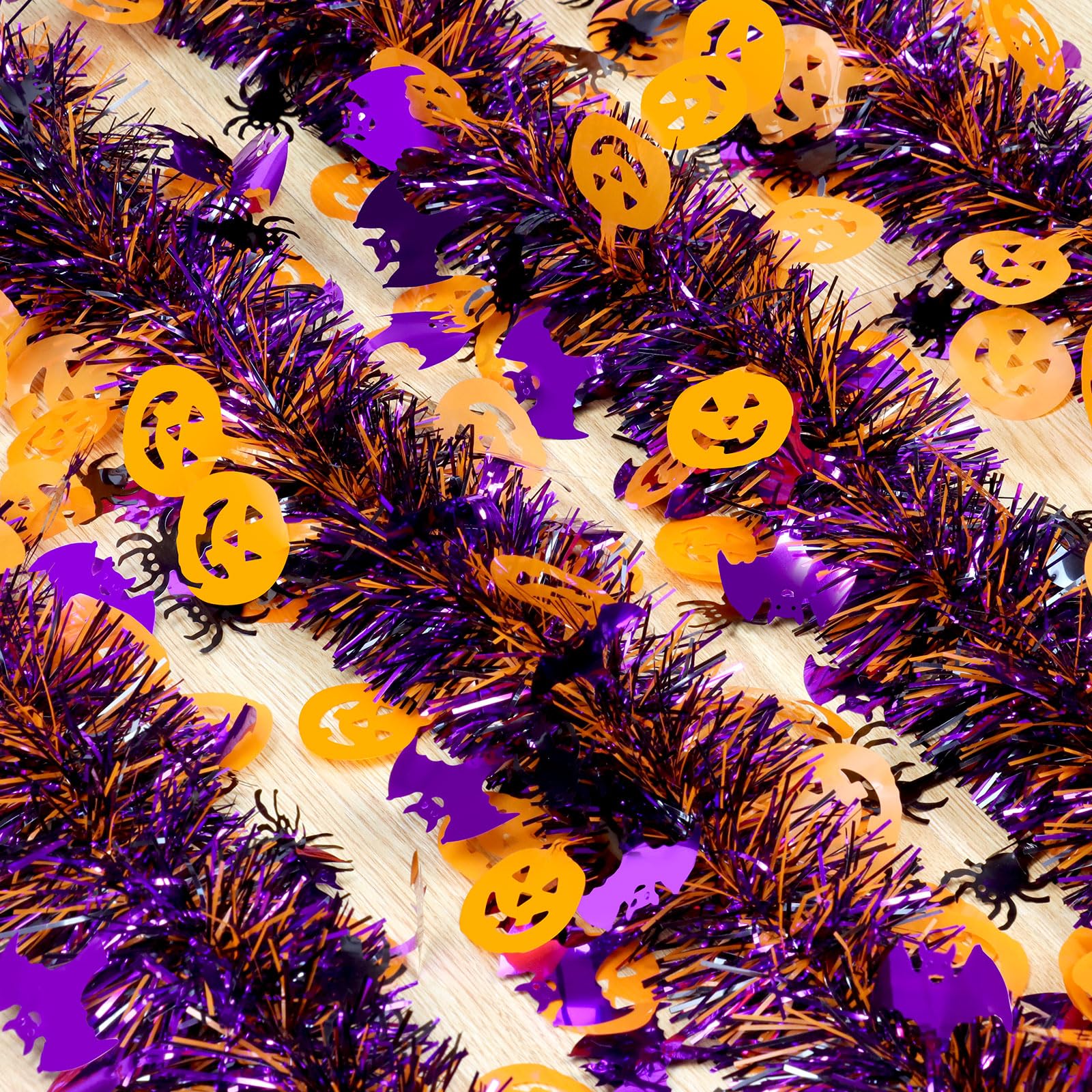 Halloween Garland Decorations,50Ft Glitter Tinsel Pumpkin Bats Spider Garland Decor for Tree Car Golf Cart Parade Float Indoor O