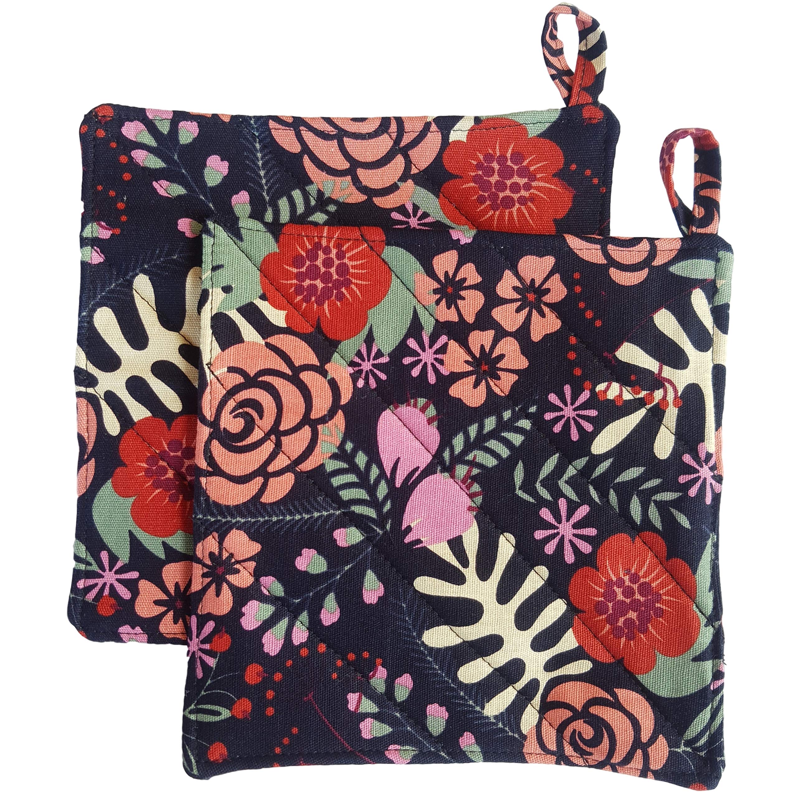 Cushystore Canvas Pot Holder Oven Pads Potholders Navy Blue For Cooking Kitchen 7.75'', 2 Pack (Exotic Flower)