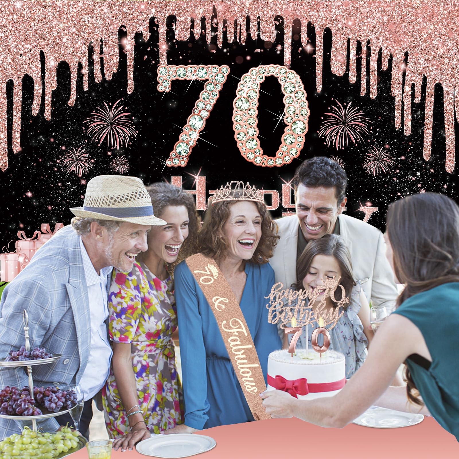 70Th Birthday Decorations For Women With Banner, Rose Gold Tablecloth, Number Balloons, 70Th Birthday Sash And Tiara, Cake Toppe