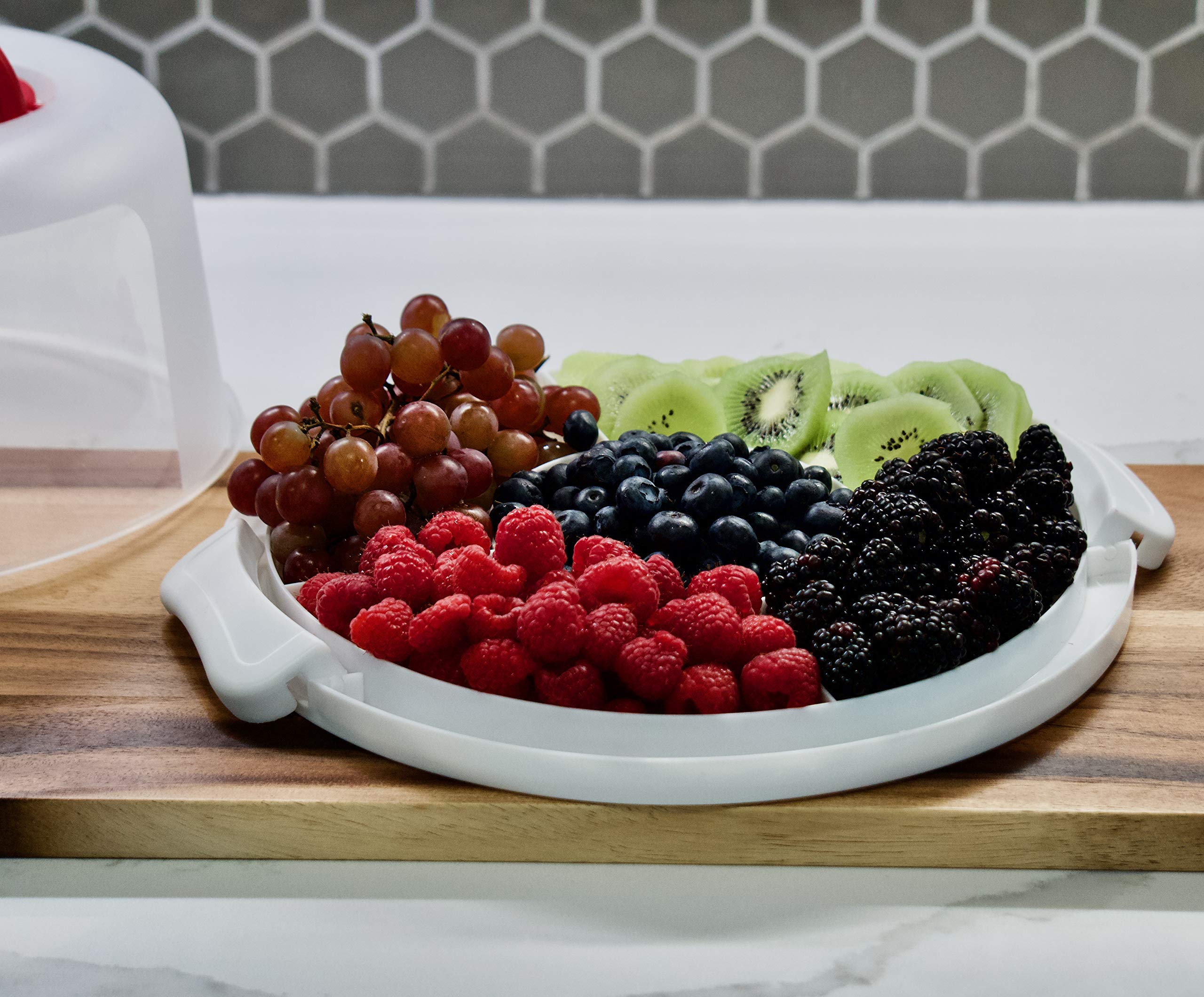 Top Shelf Elements Round Cake Carrier Two Sided Holder Serves As Five Section Serving Tray, Portable Stand Fits 10 Inch Cake, Bo