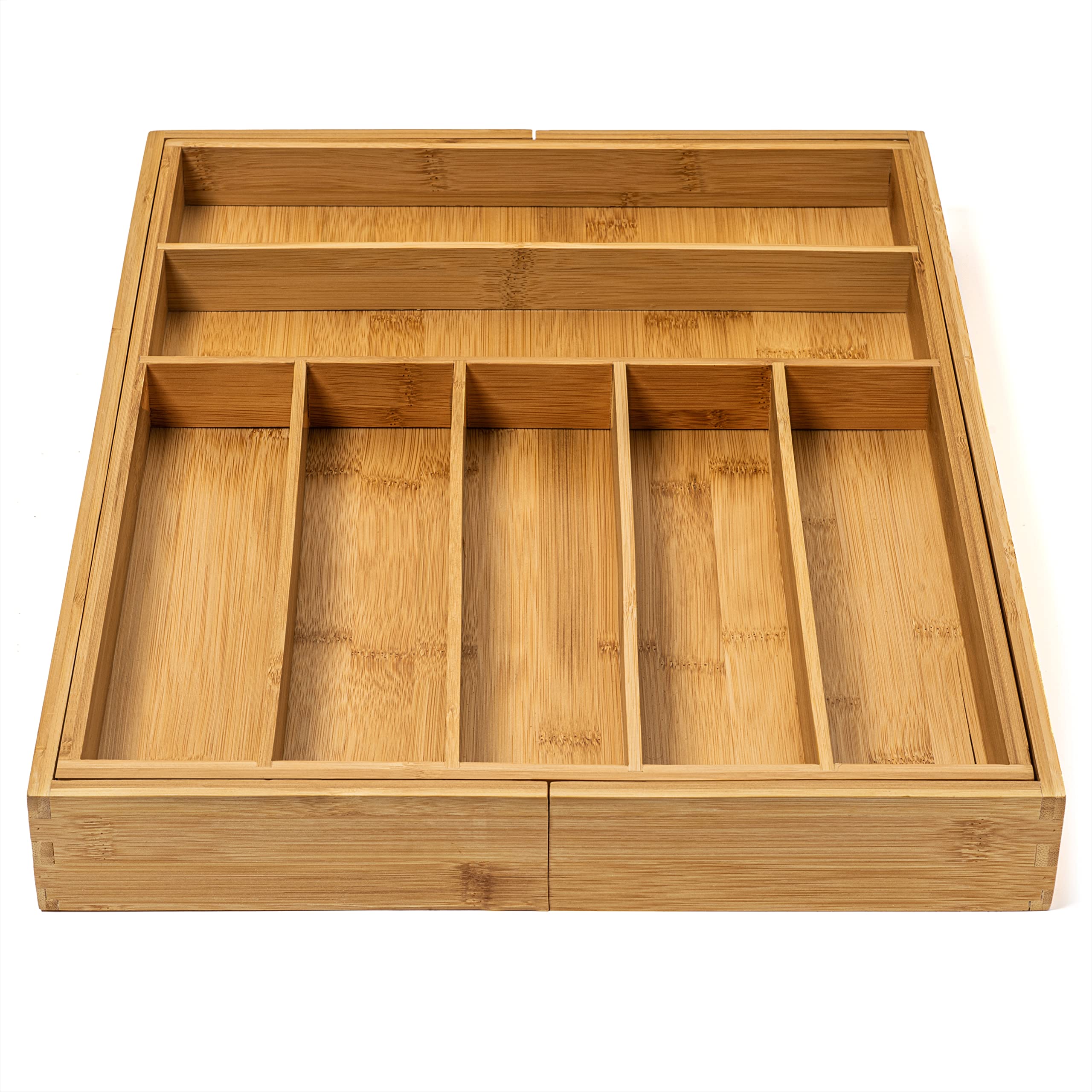 Purawood Bamboo Silverware Organizer - Expandable Cutlery Tray, 2 Pack, Natural, Model PW792