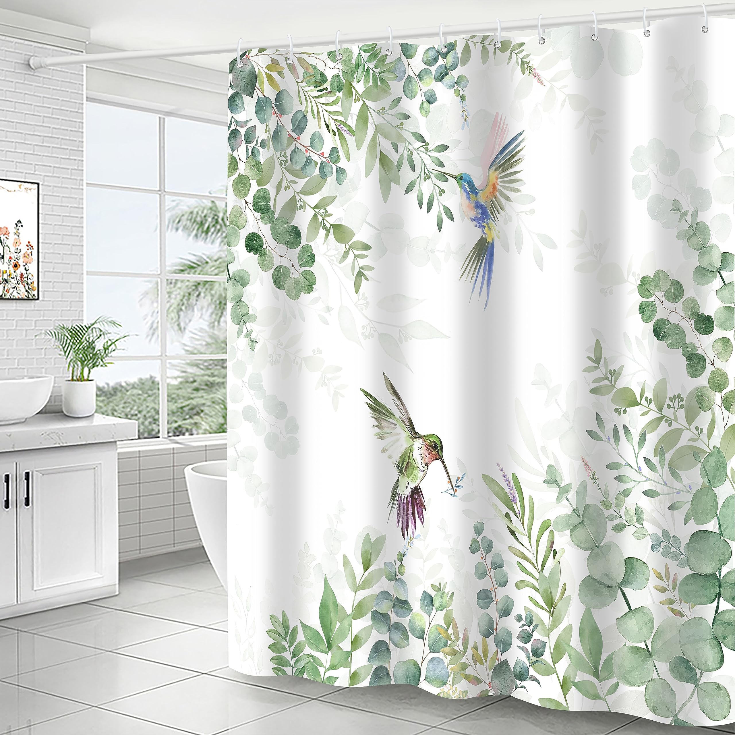 Hummingbird Sage Green Eucalyptus Leaves Shower Curtain, Spring Summer Botanical Floral Bird Home Bathroom Decor, Polyester Cott