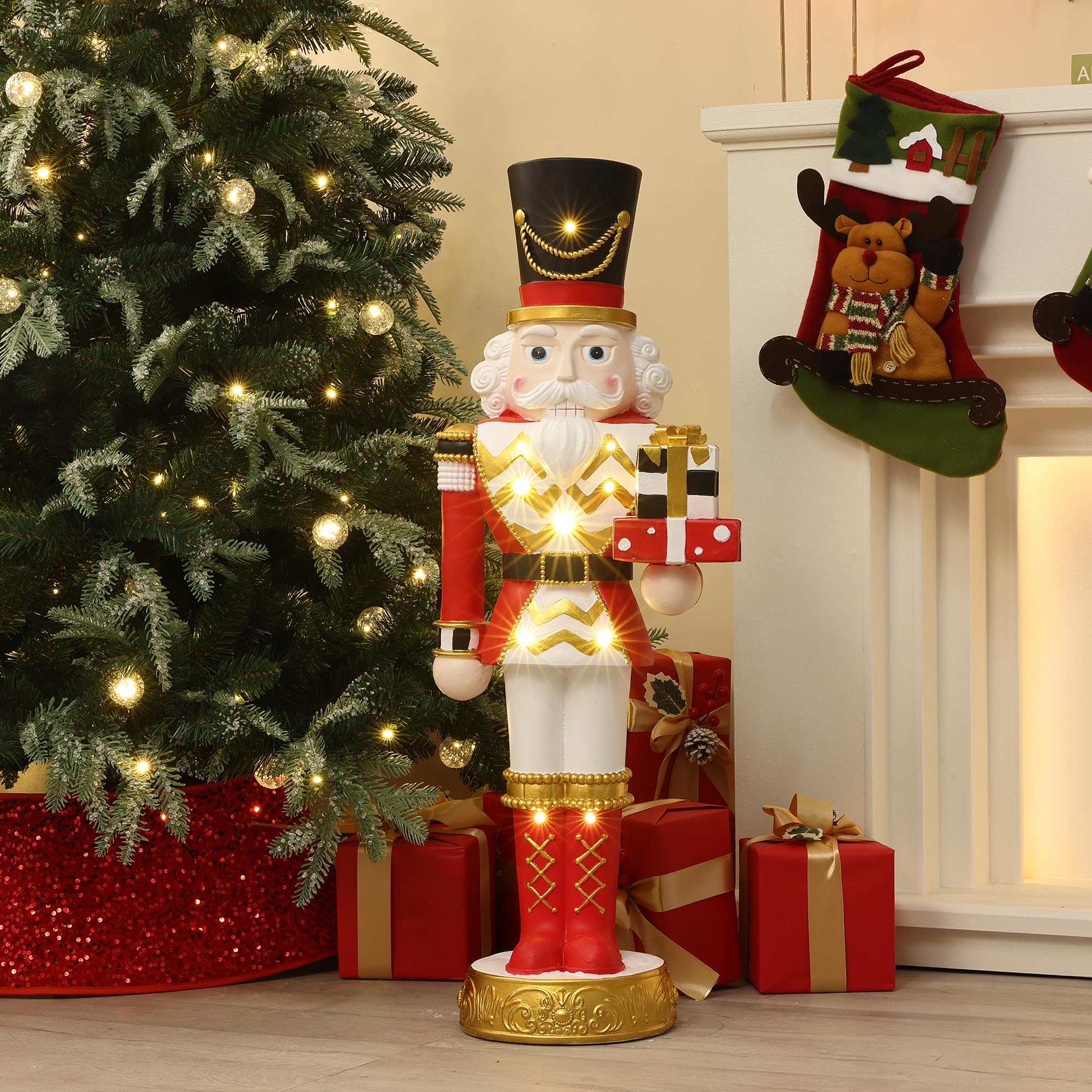 LuxenHome 3FT Tall Nutcracker Christmas Decoration, Large Holiday Nutcracker Soldier Statue with Gift Box, Lighted Figures Chris