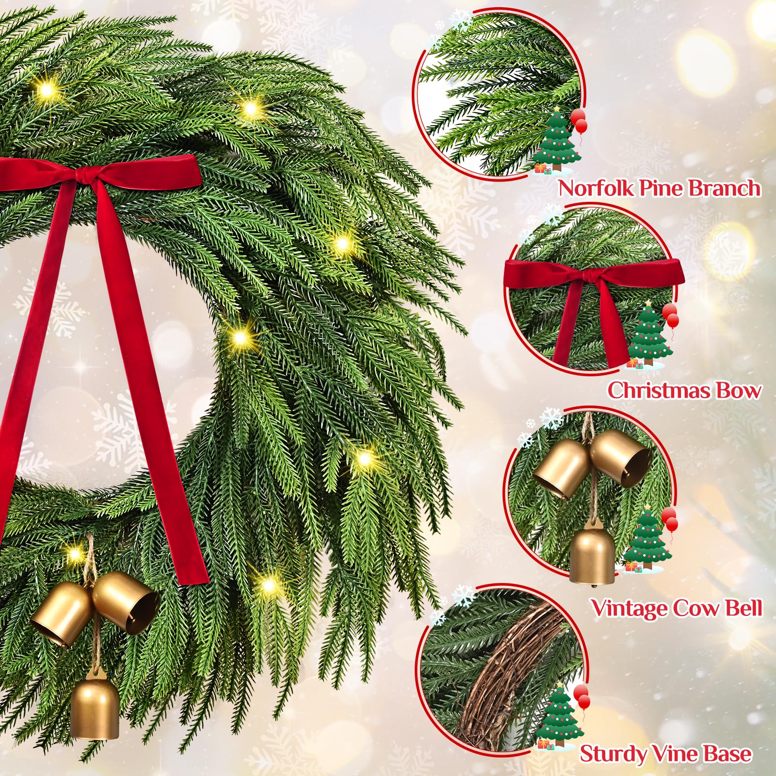 Christmas Wreaths for Front Door - 2 Pack 24 Inch Christmas Wreath with Lights, Real Touch Norfolk Pine Wreath with Cow Bell and
