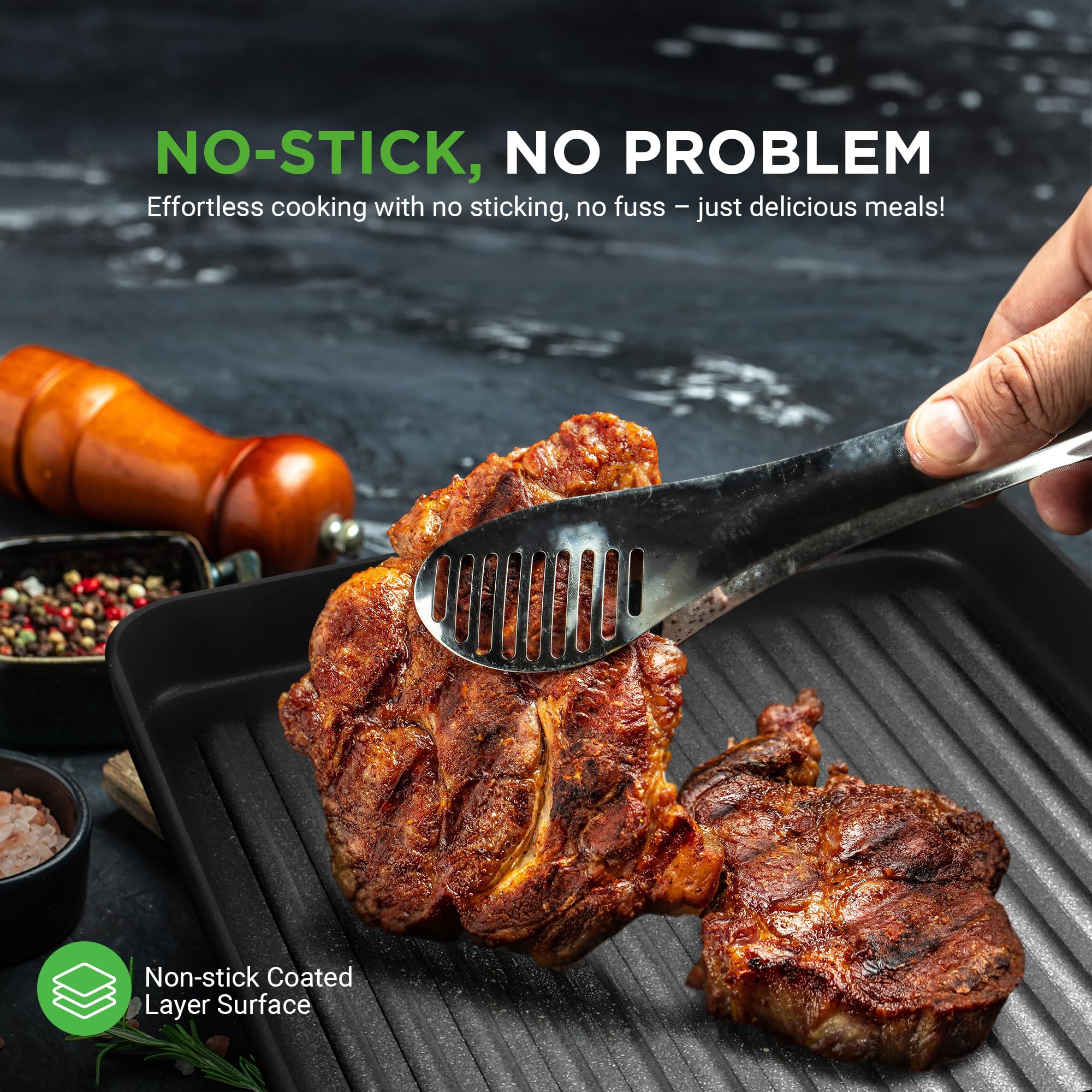 Nutrichef 11'' Square Grill Pan Non Stick - High Ridges, Hard-Anodized, Stove Top Griddle, Strong Handles, Dishwasher Safe