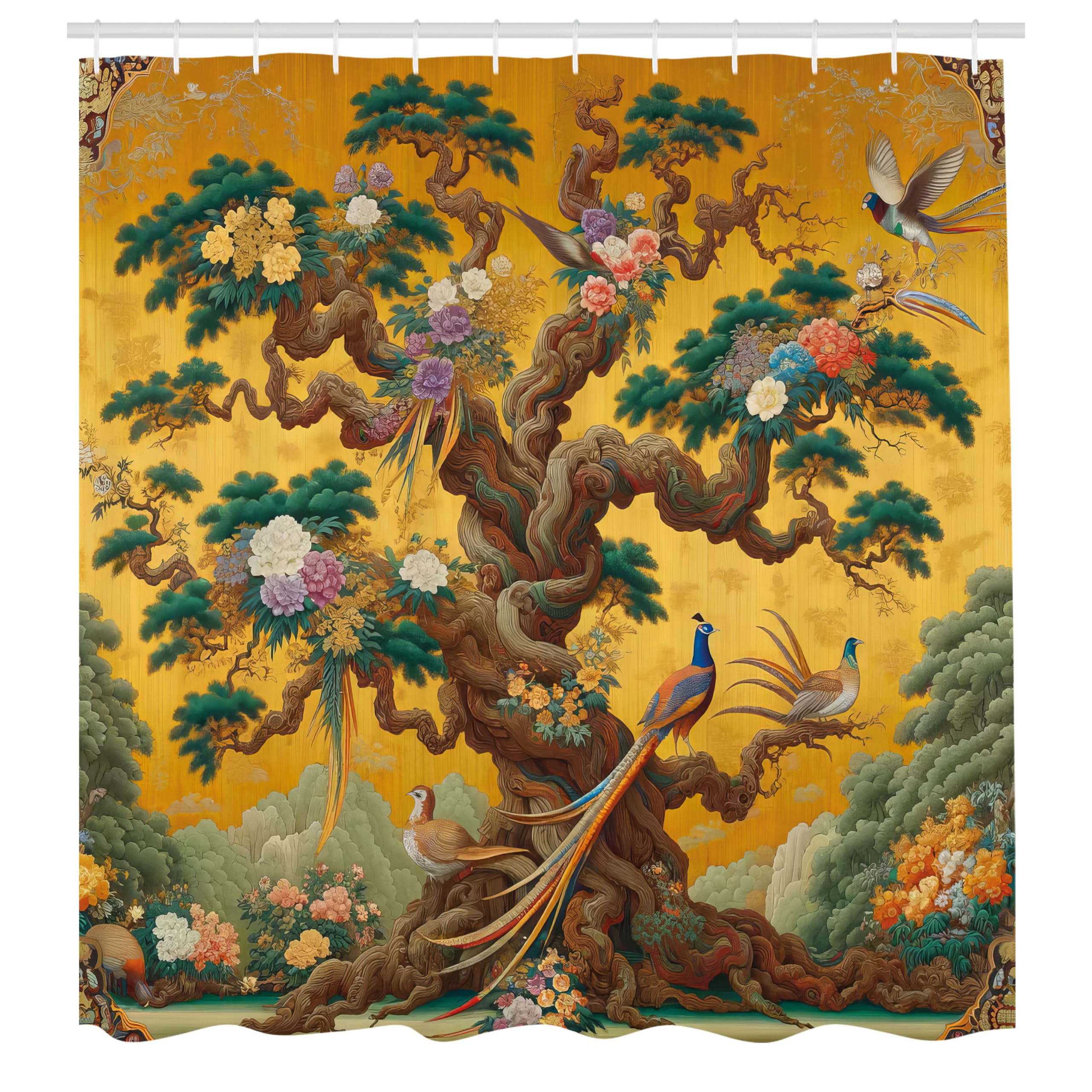 Ambesonne Vintage Shower Curtain, Cartoon Scenario Swirly Vines Of Earthy Tree With Leafy Floral Peacocks, Cloth Fabric Bathroom