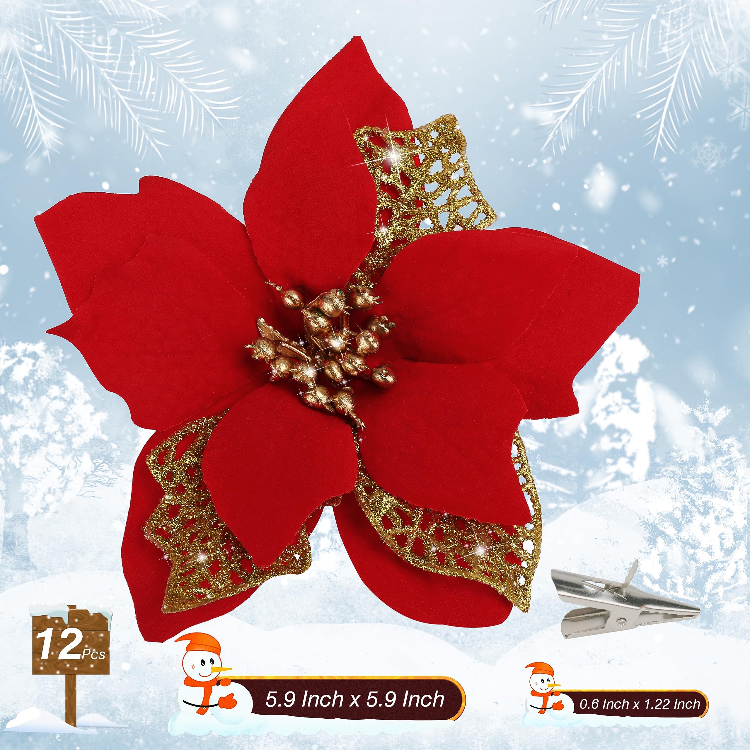 12 PCS Poinsettia Flower Artificial Poinsettia Christmas Decoration 5.9 Red Glitter Poinsettias Christmas Ornaments Christmas