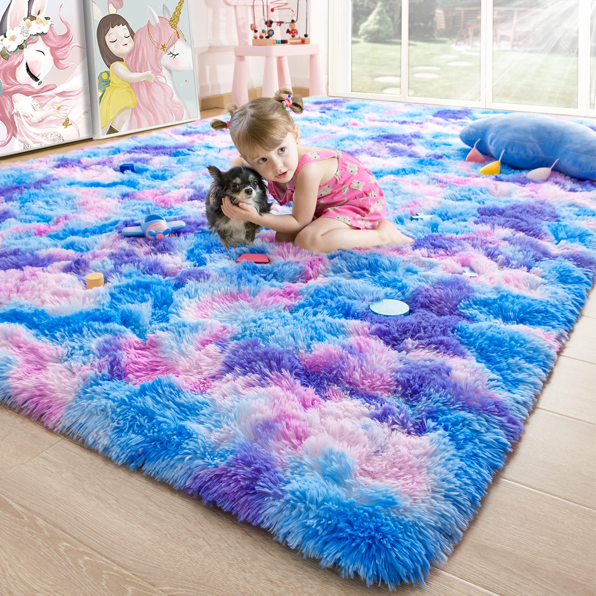 Noahas Kids Rugs for Bedroom Girls,3x5 Feet Rainbow Rug,Blue and Purple Kids Carpet,Shaggy Fluffy Princess Bedroom Rug,Kawaii Pr