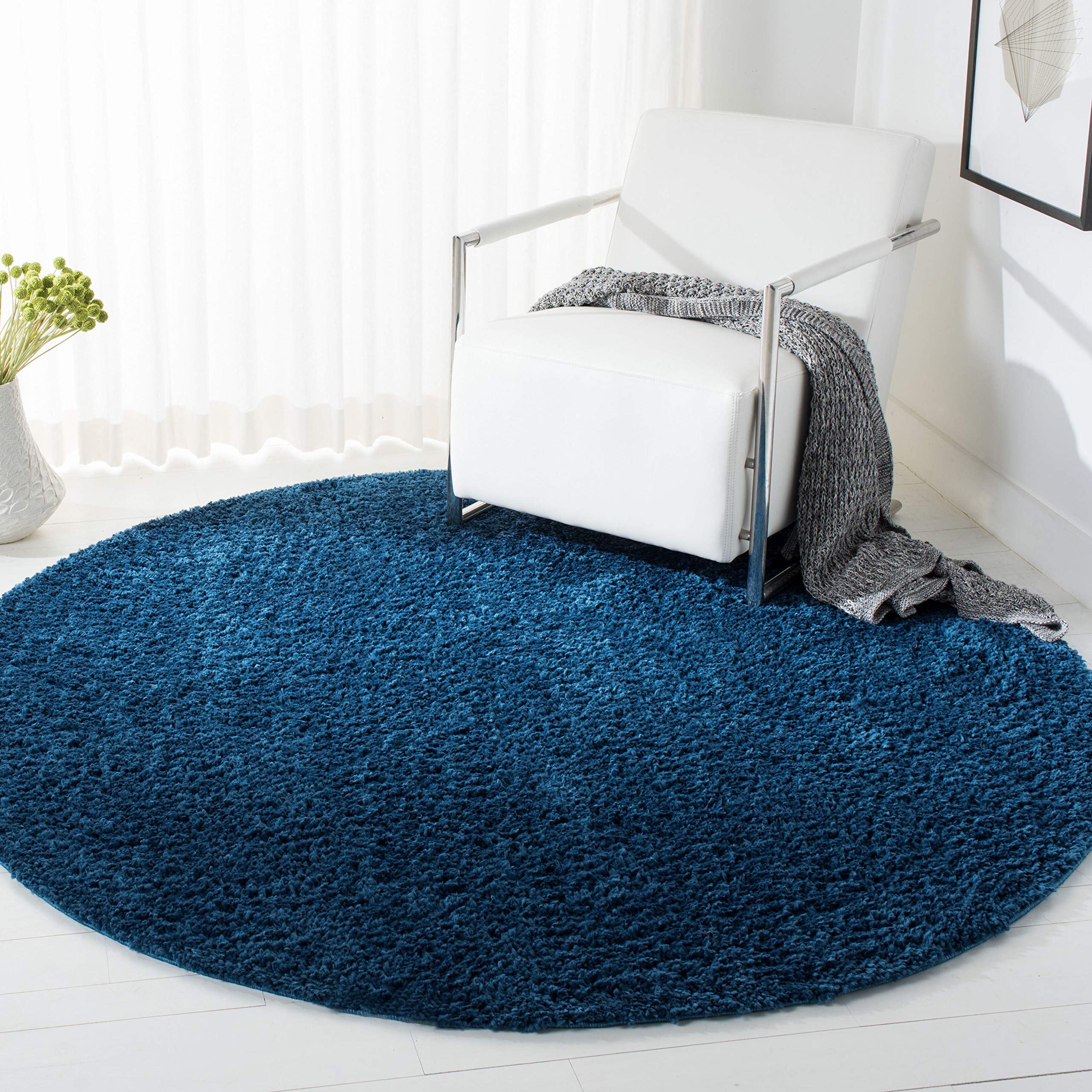 SAFAVIEH August Shag Collection Accent Rug - 4 Round, Navy, Solid Design, Non-Shedding & Easy Care, 1.2-inch Thick, Ideal for T