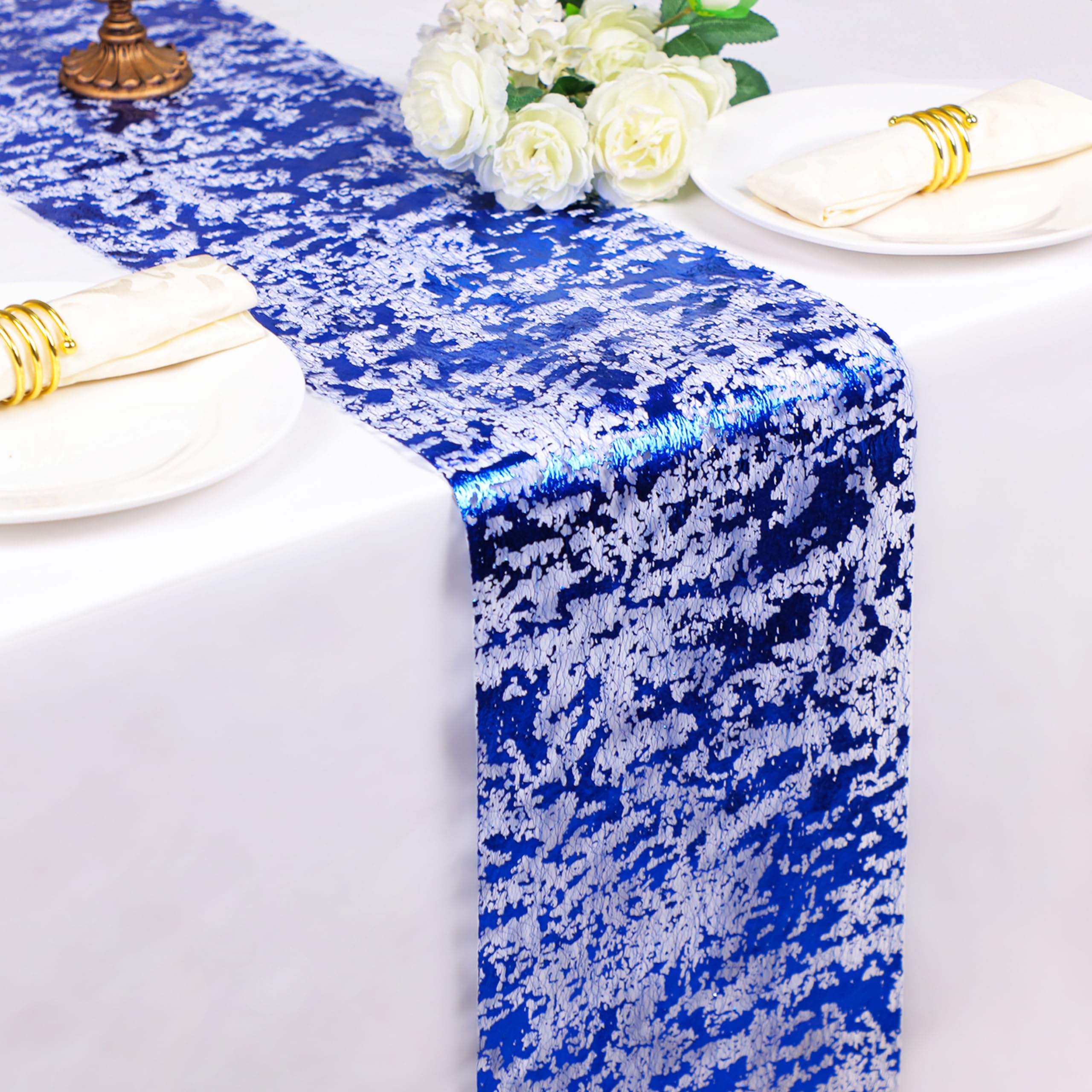 Snowkingdom Royal Blue Table Runner, Sequin Glitter Foil Metallic Thin Mesh Table Runner Roll 11 Inch X 49 Feet, Blue Table Deco