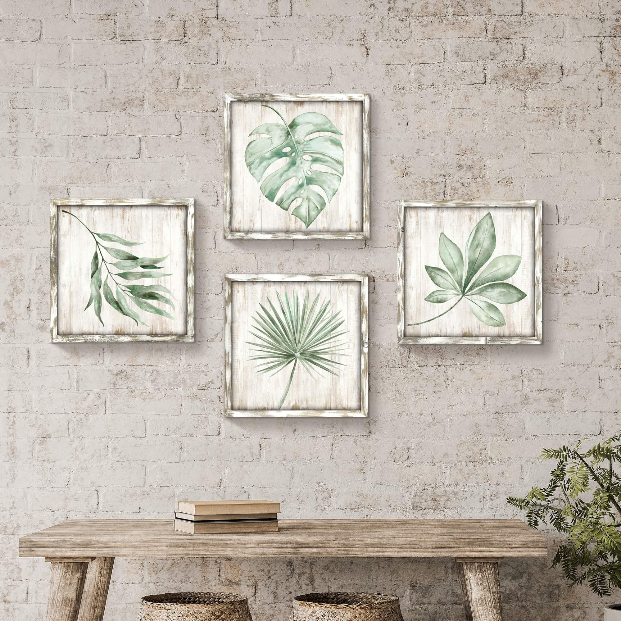 Hardy Gallery Green Leaves Prints Wall Art: Rustic Wooden Background Palm Tree Leaf Simple Life Painting For Bathroom Wall Decor