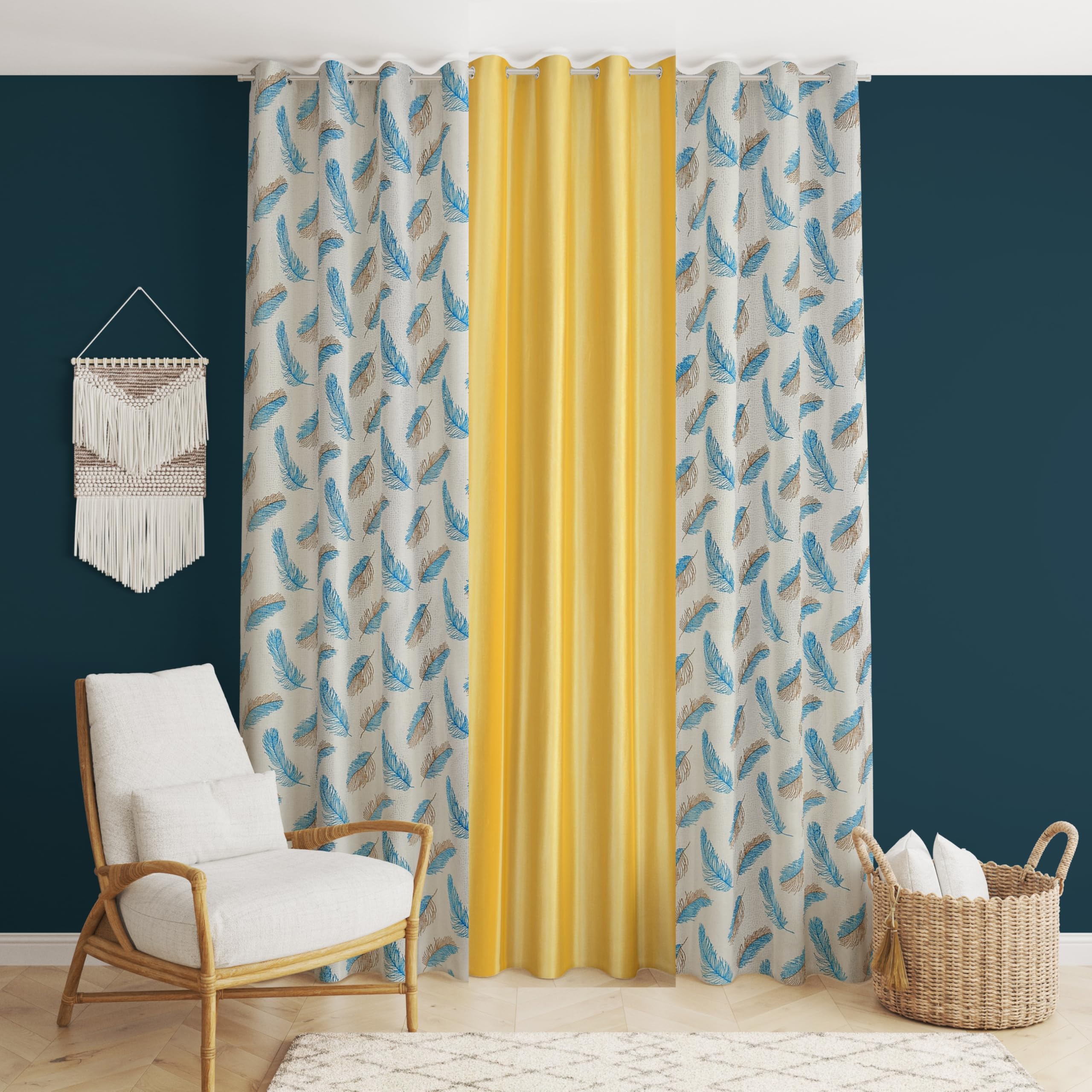 Devsang Polyester 2 Print And 1 Solid Curtains 8 Feet Long Set Of 3  Yellow & Aqua