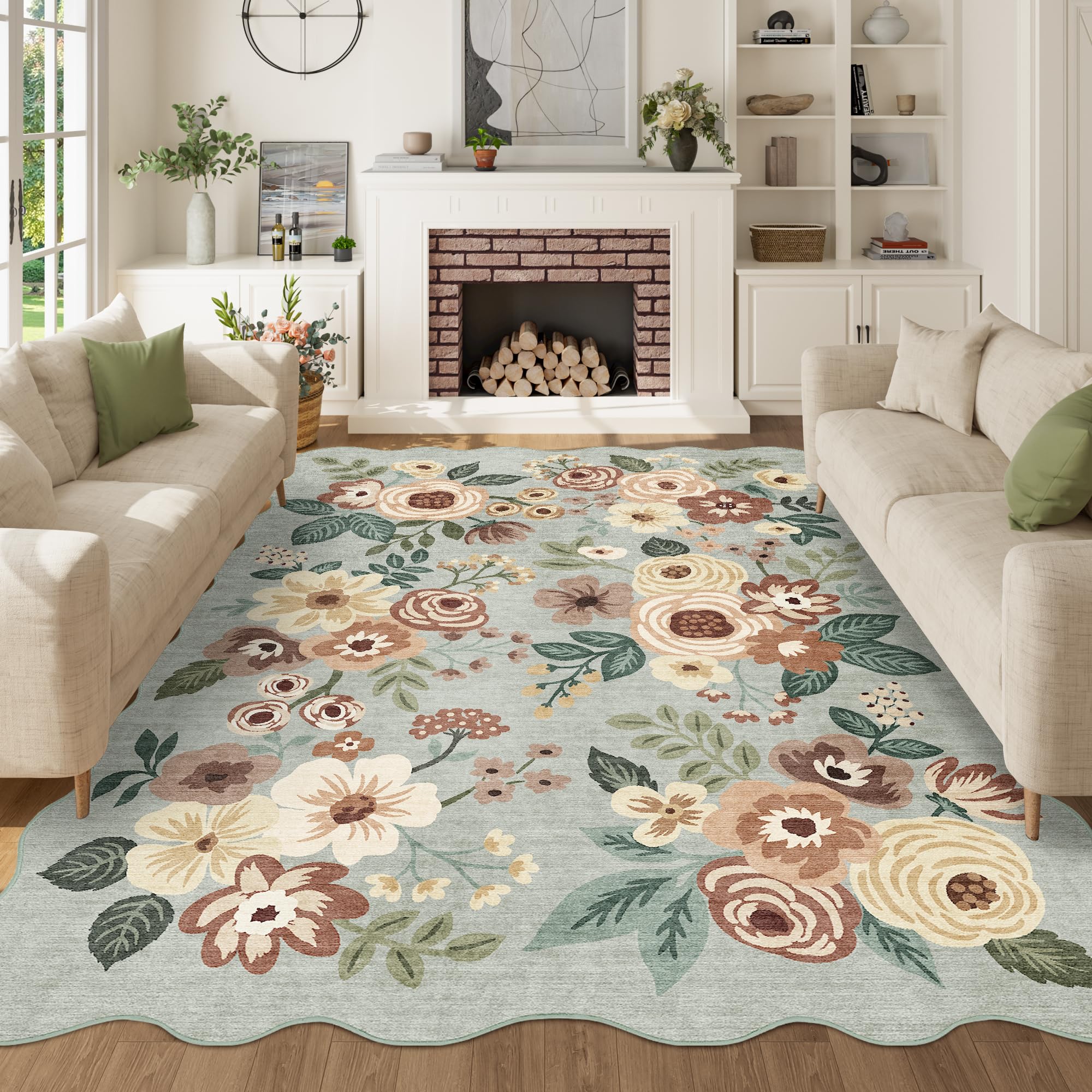DUKINO 5x7 Area Rug, Floral Washable Rugs for Living Room with Non Slip Backing & Non-Shedding, Lightwight Low Pile Boho Design 