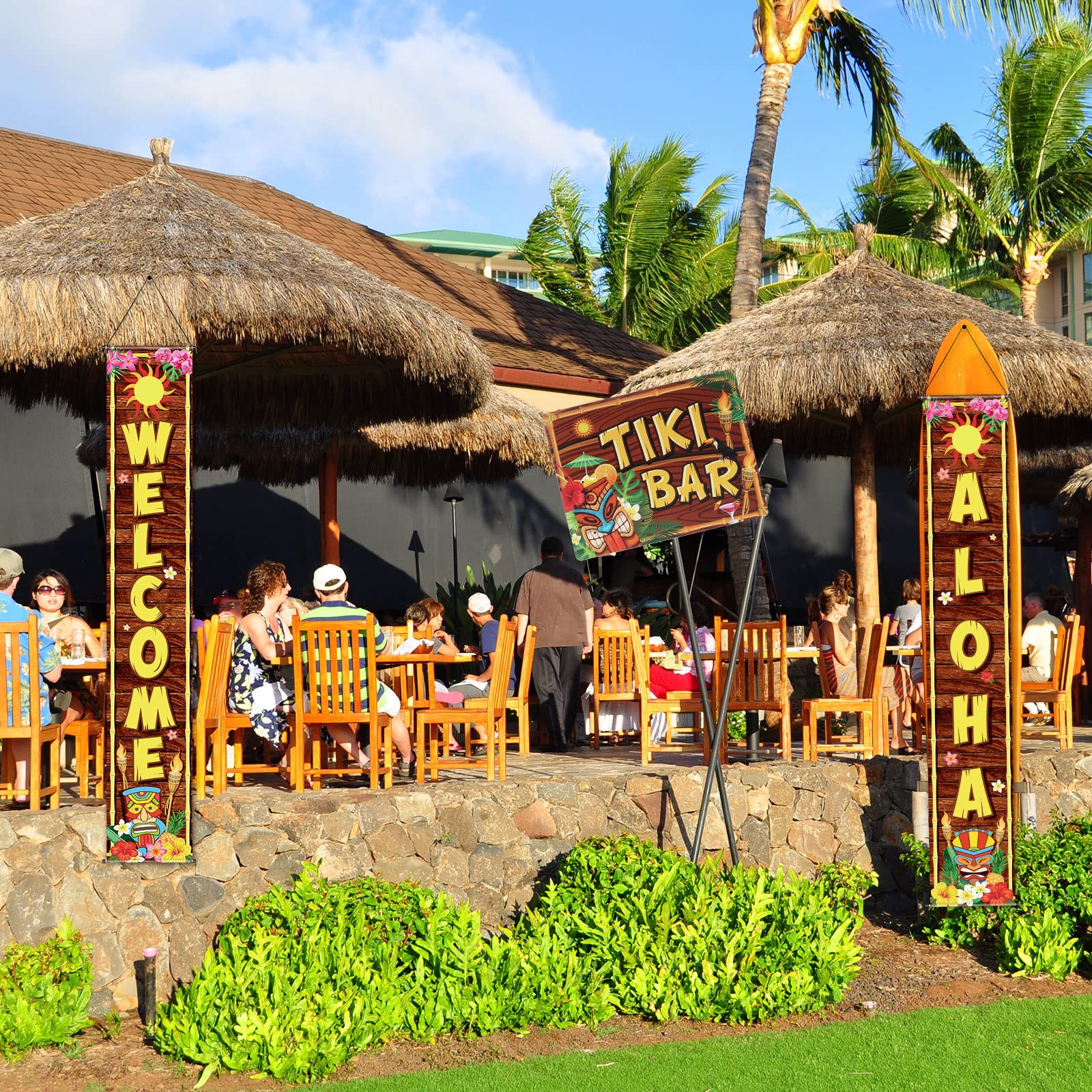 Blulu Tiki Bar Sign Hawaiian Luau Party Decoration Supplies Wooden LED Light Tiki Plaque for Aloha Hawaii Luau Tropical Birthday