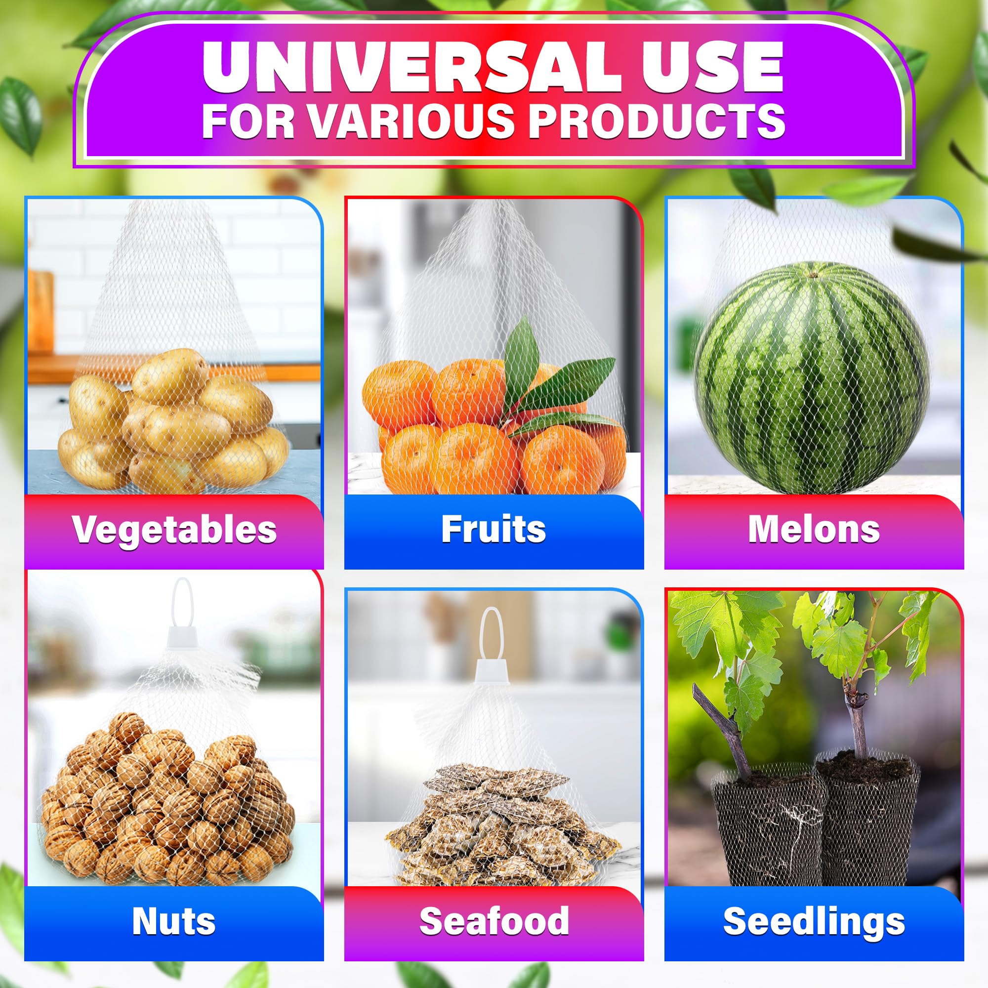 100Pcs Plastic Mesh Bags Drawstring Storage Bag - 24'' Fruit and Vegetable Storage Reusable Mesh Produce Bags Onion Net Bags Drawstring - Vegetable Bags Grocery Reusable Produce Bags Mesh Storage Bags