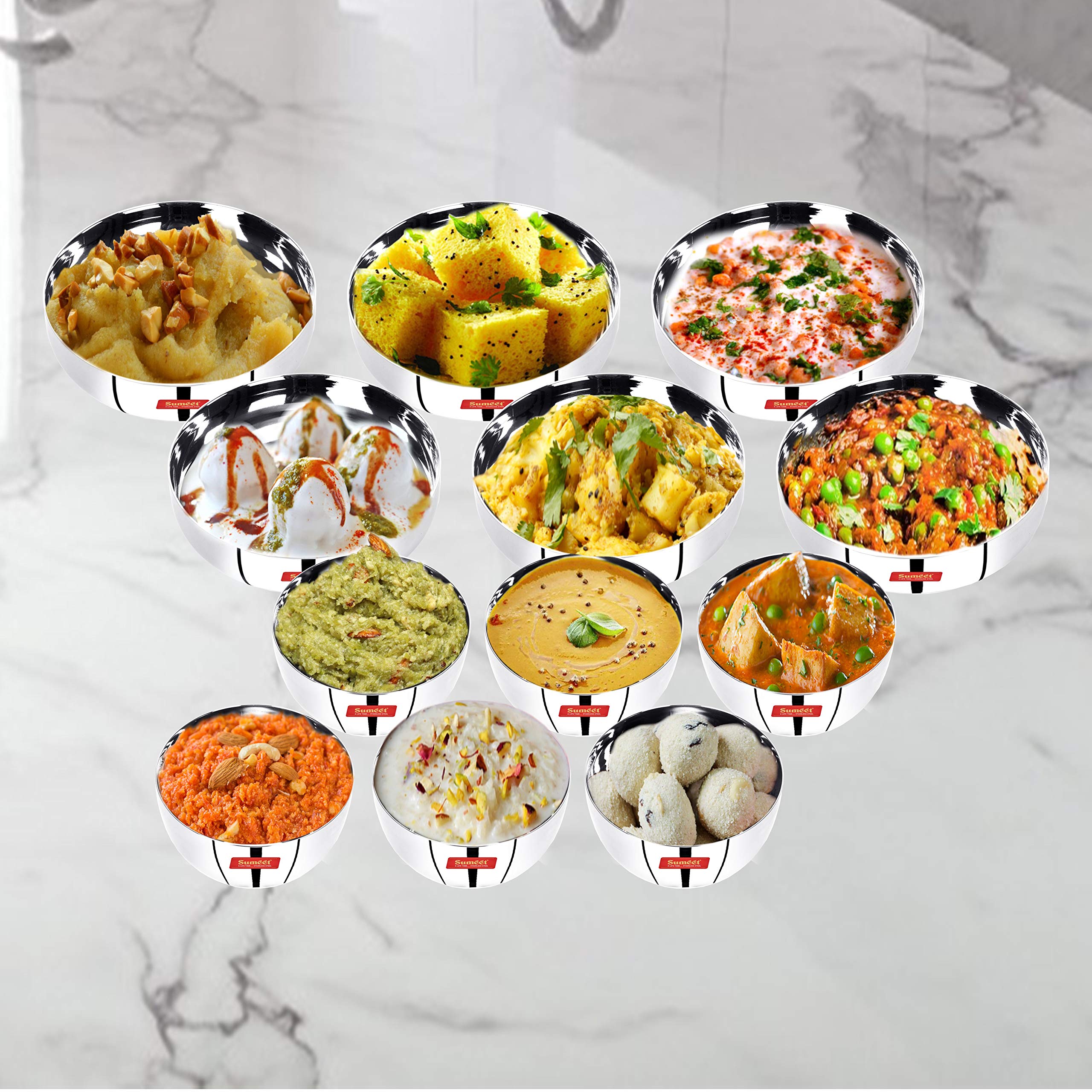 Sumeet Stainless Steel Mirror Finish Apple Shape Heavy Gauge Dessert Plates (6Pc -12.8Cm Dia) And Dessert Bowl (6Pc - 9.8Cm Dia)