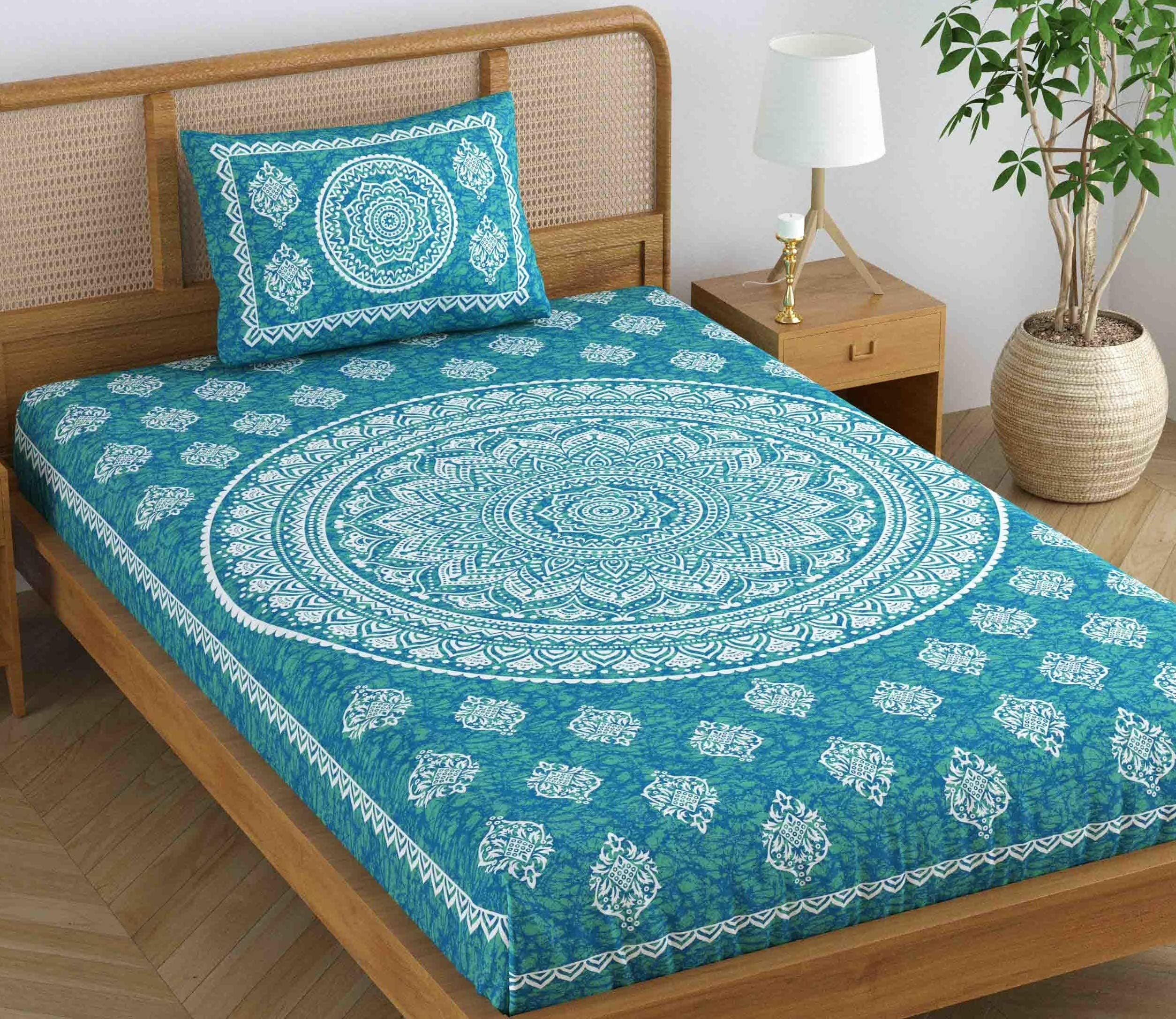 Colorish 120 Tc Cotton Blend Mandala Printed Jaipuri Bedsheet For Single Bed With 1 Pillow Cover, Sea Green