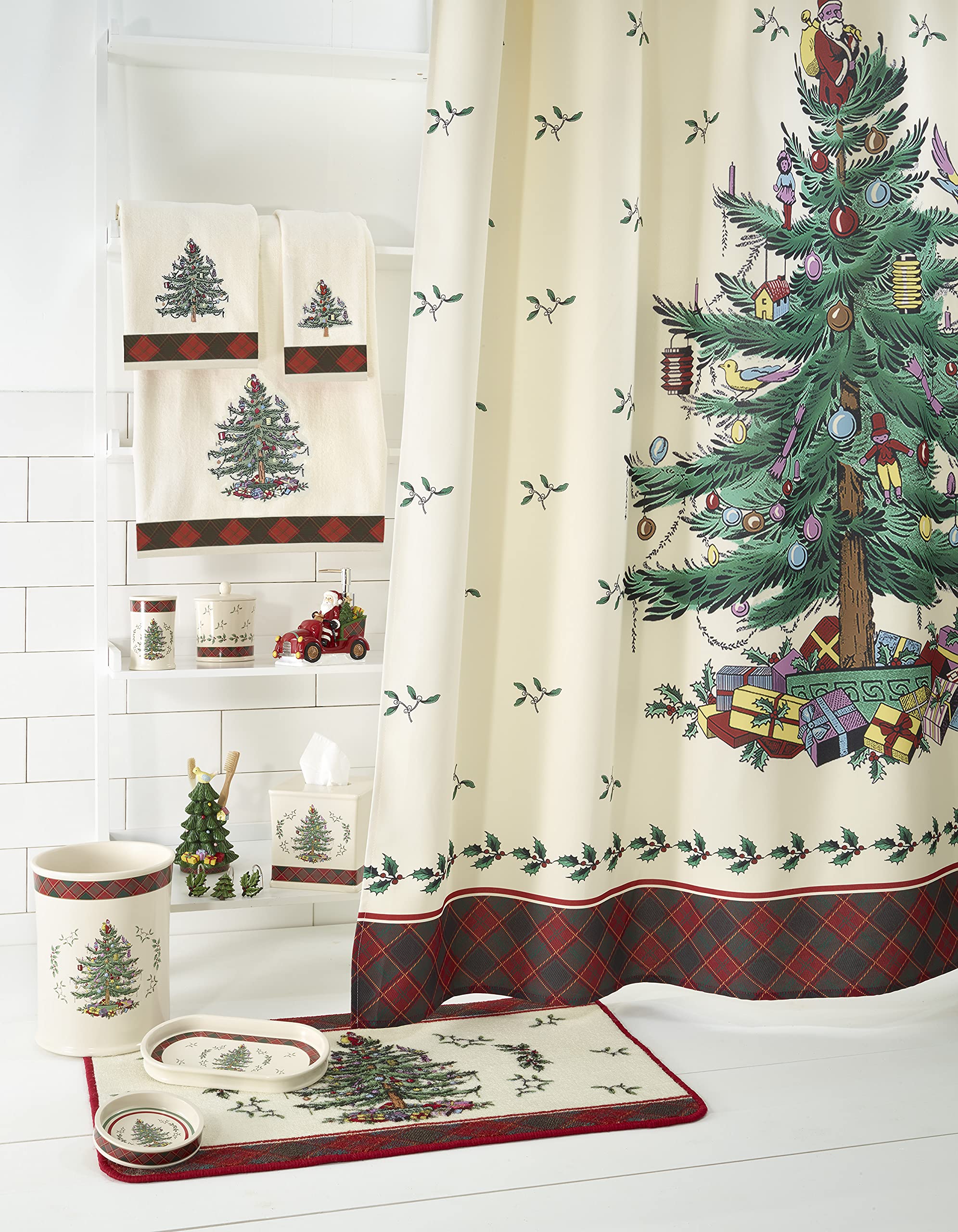 Spode - Bath Mat, Cotton Bath Rug, Holiday Bathroom Decor Christmas Tree Tartan Collection