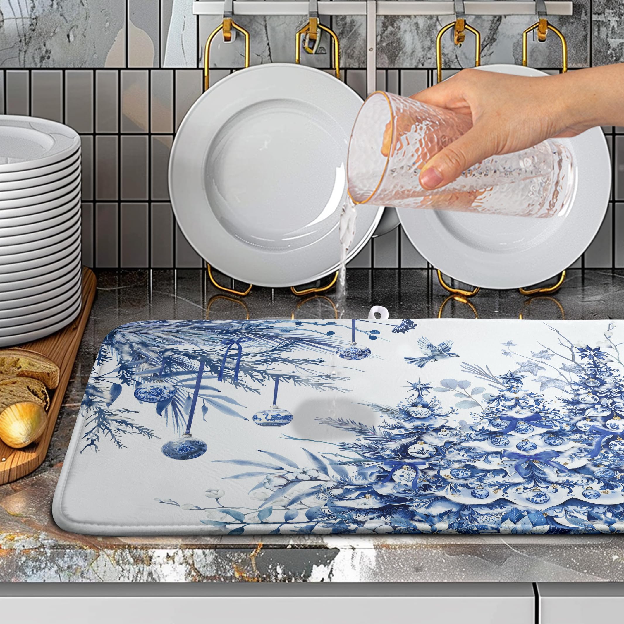 Wnoesat Christmas Tree Dish Drying Mat for Kitchen Counter 18x24 Inch Blue White Chinoiserie Winter Xmas Holiday Drying Mats Mic