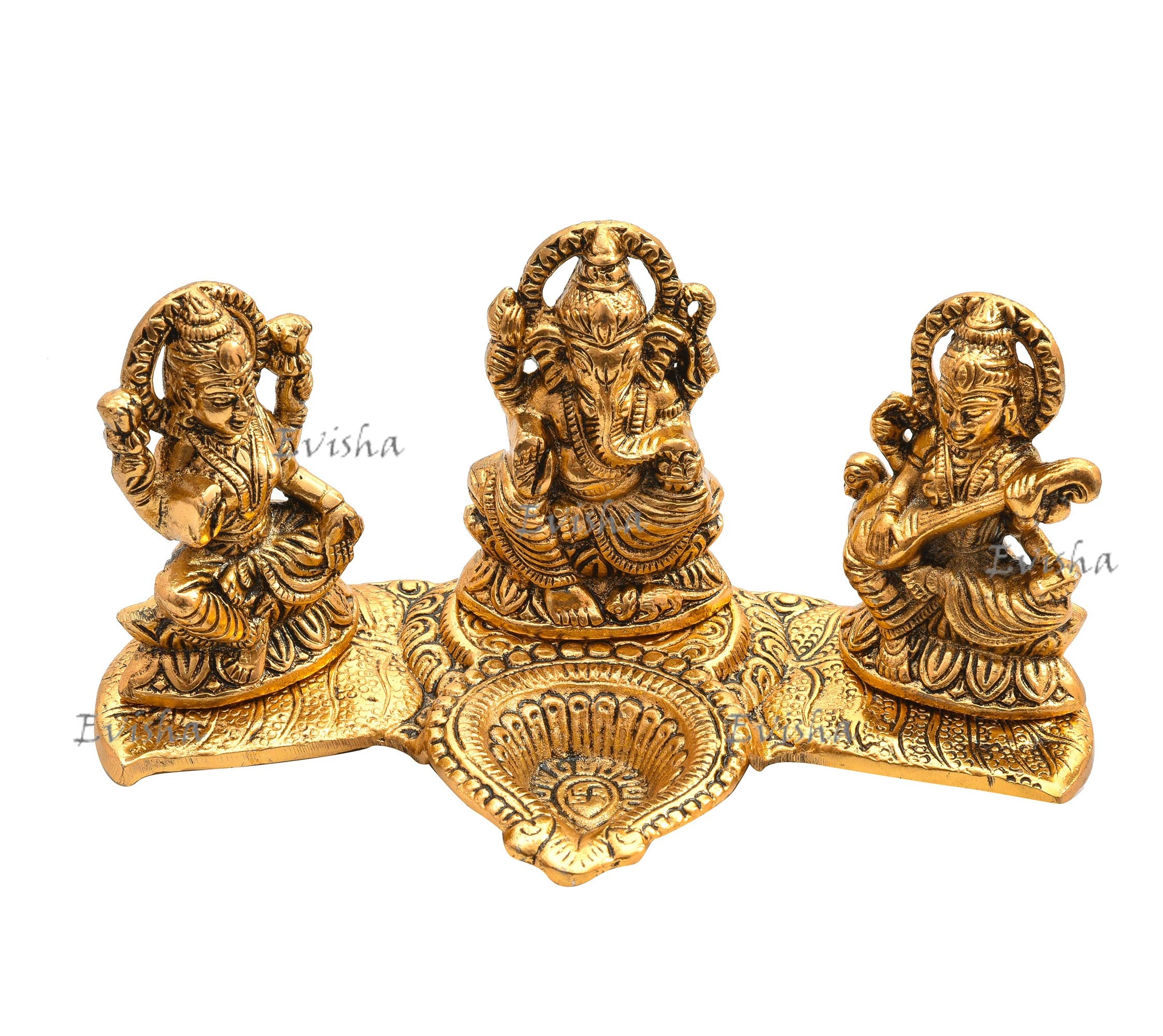 Evisha Golden Brass Metal Lord Laxmi Ganesh And Saraswati With Diya Handicraft Idol For Temple Home Dcor