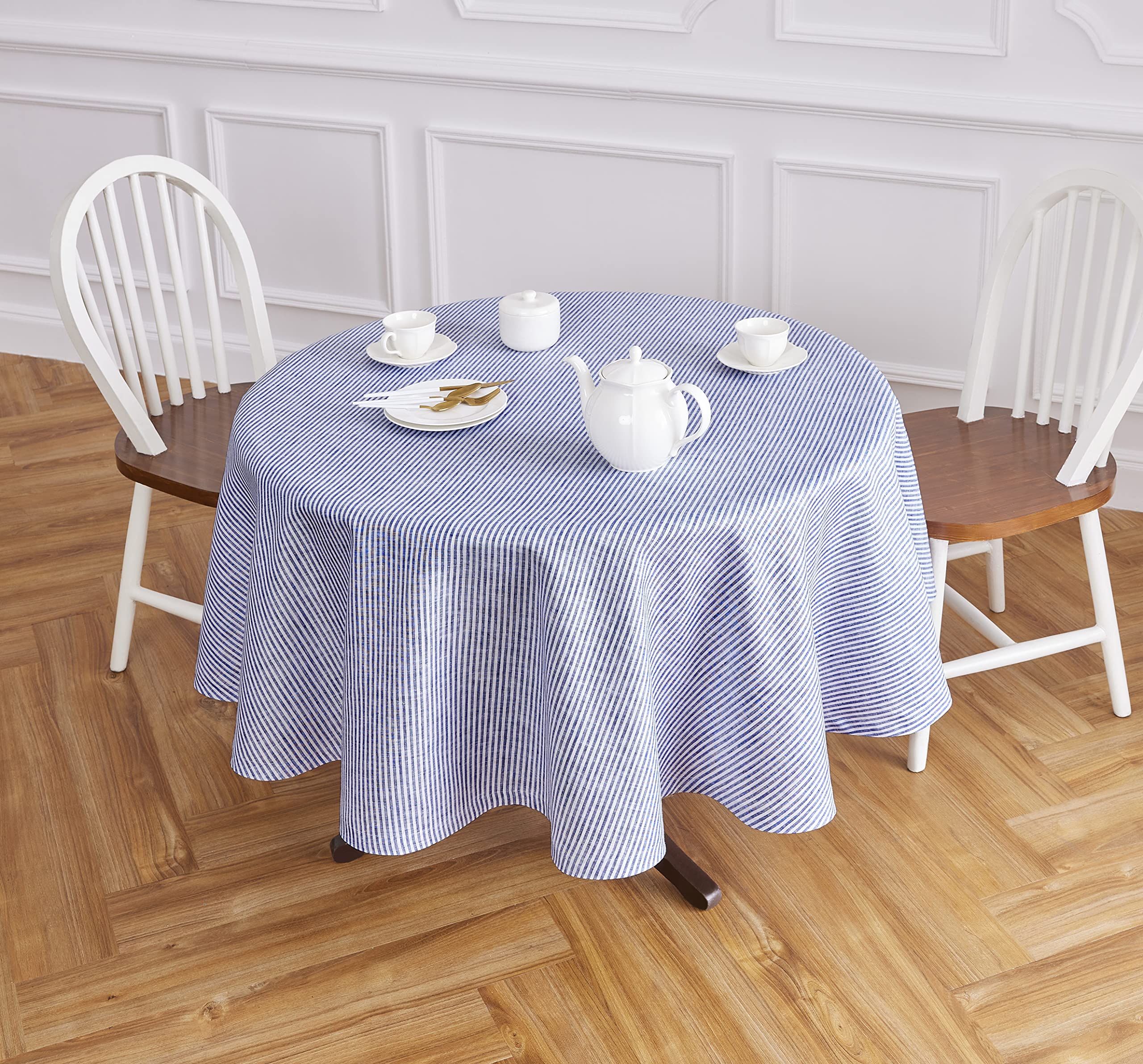 Solino Home Stripe Linen Round Tablecloth - 100% Pure Linen Navy And White Tablecloth 60 Inch Diameter For Spring, Easter - Hand