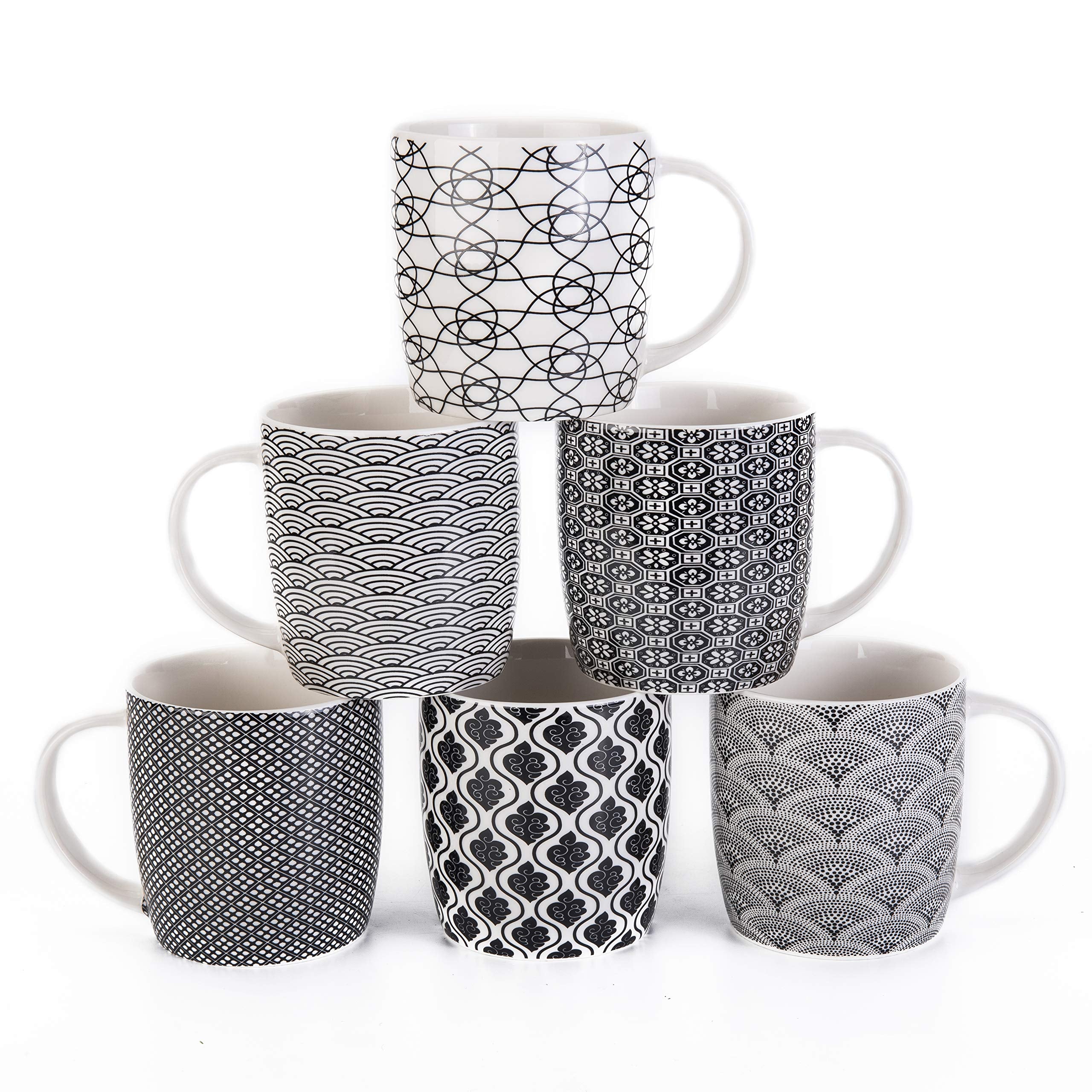 Machuma Set Of 6 11.5 Oz Coffee Mugs With Black And White Geometric Patterns, Ceramic Tea Cup Set