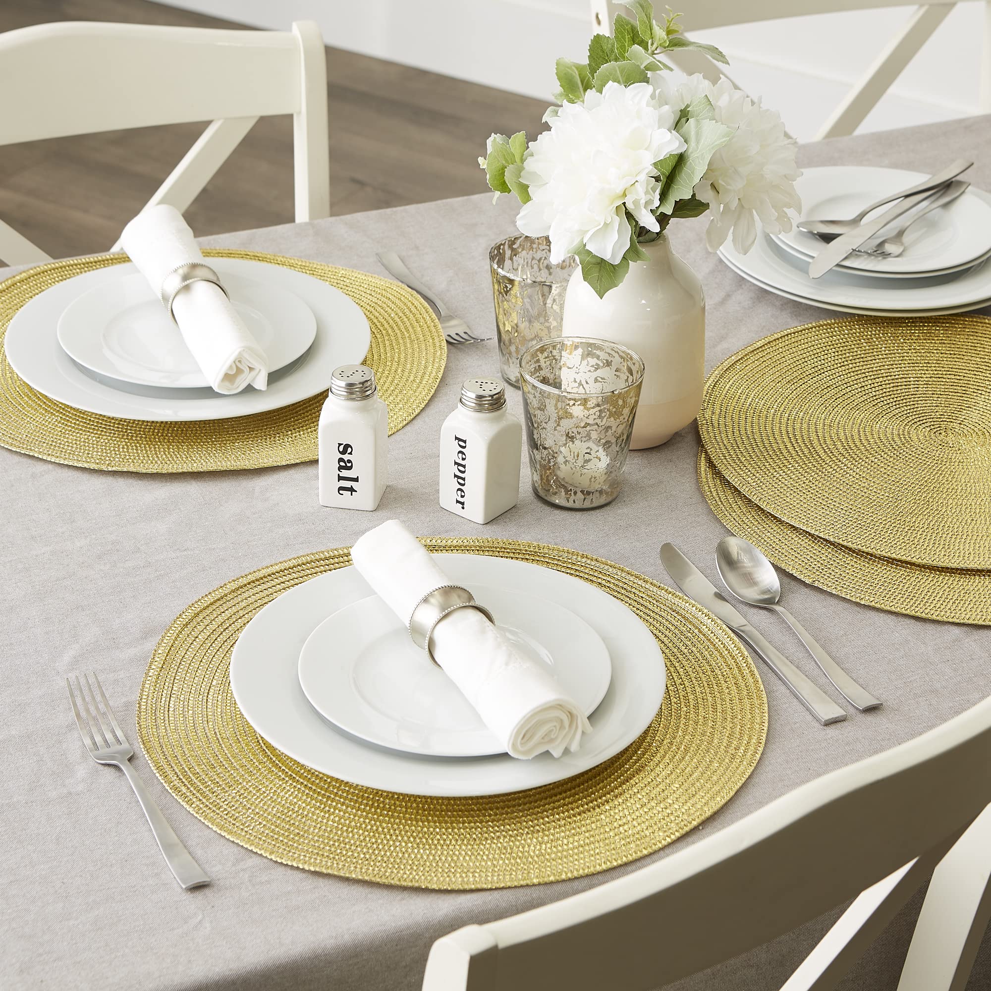 DII Metallic Round Placemats Set, 15", Gold, 6 Piece, Polypropylene, Model 5448