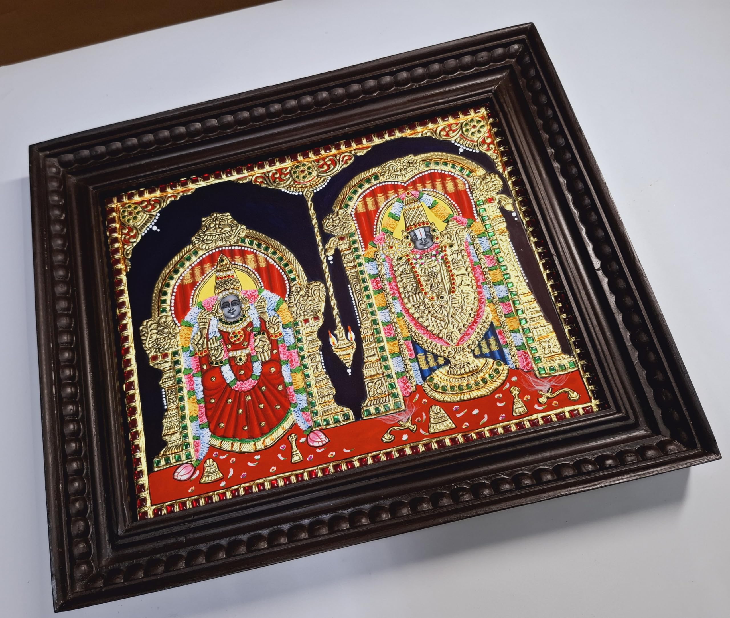 Jline Arts Wood Wall Hanging, Tanjore Painting Balaji Padmavathi, Multi-Color, Hand Painted, 22C Gold Foils Work, Teakwood Frame